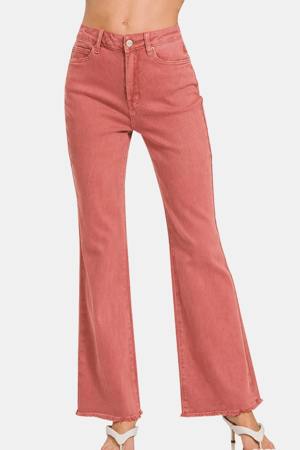 Acid Washed Frayed Hem Bootcut Jeans Coral