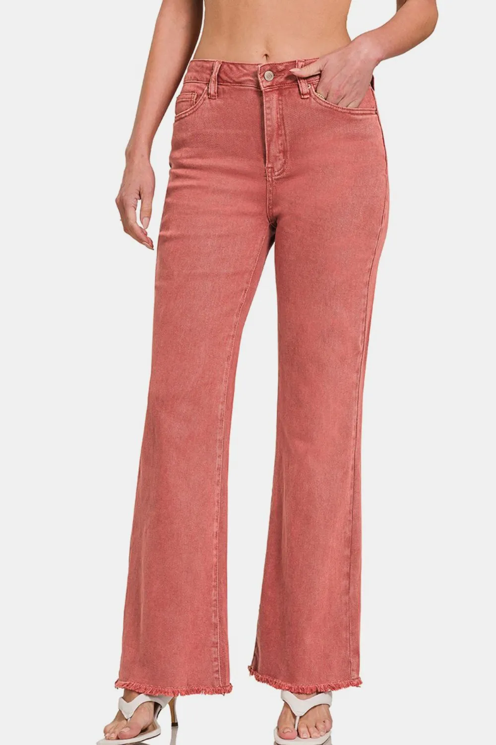 Acid Washed Frayed Hem Bootcut Jeans Coral