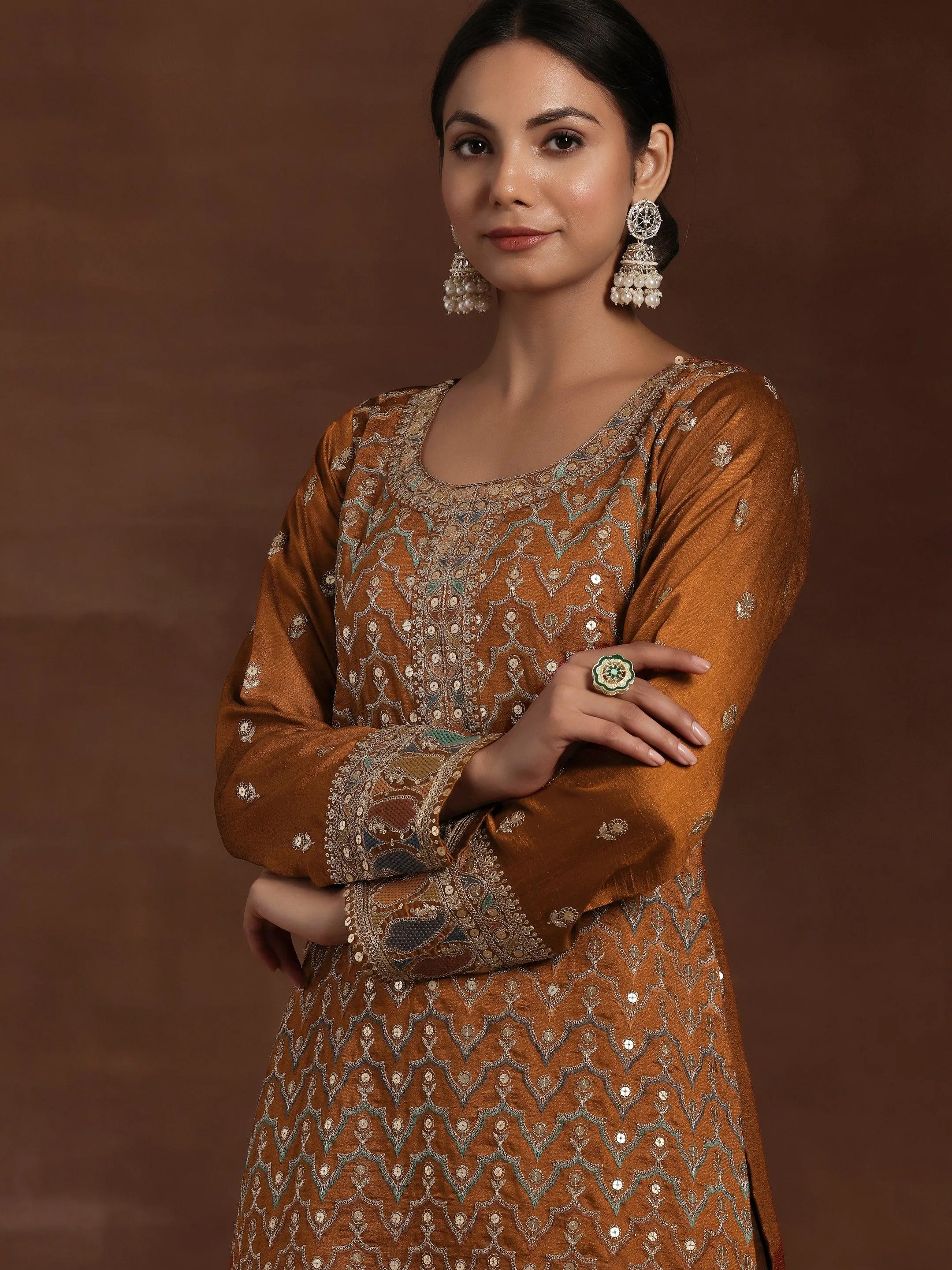 Adaa Rust Embroidered Silk Blend Straight Kurta With Palazzos & Dupatta