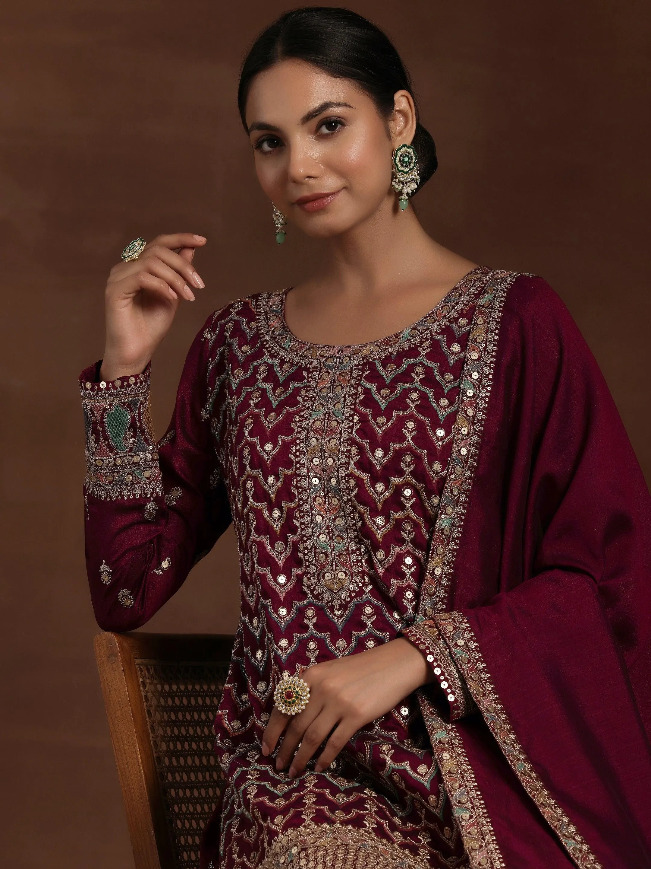 Adaa Wine Embroidered Silk Blend Straight Kurta With Palazzos & Dupatta