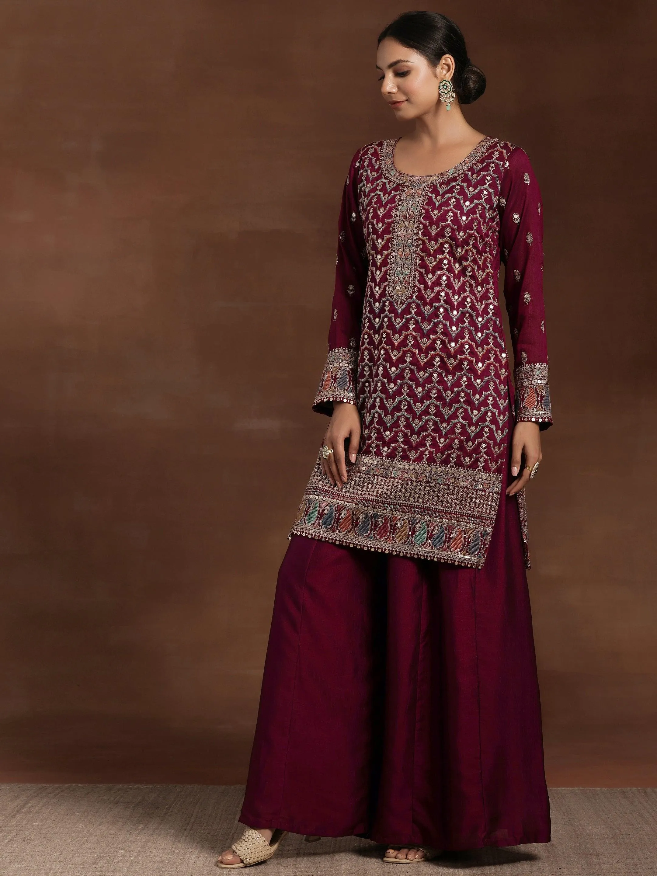 Adaa Wine Embroidered Silk Blend Straight Kurta With Palazzos & Dupatta