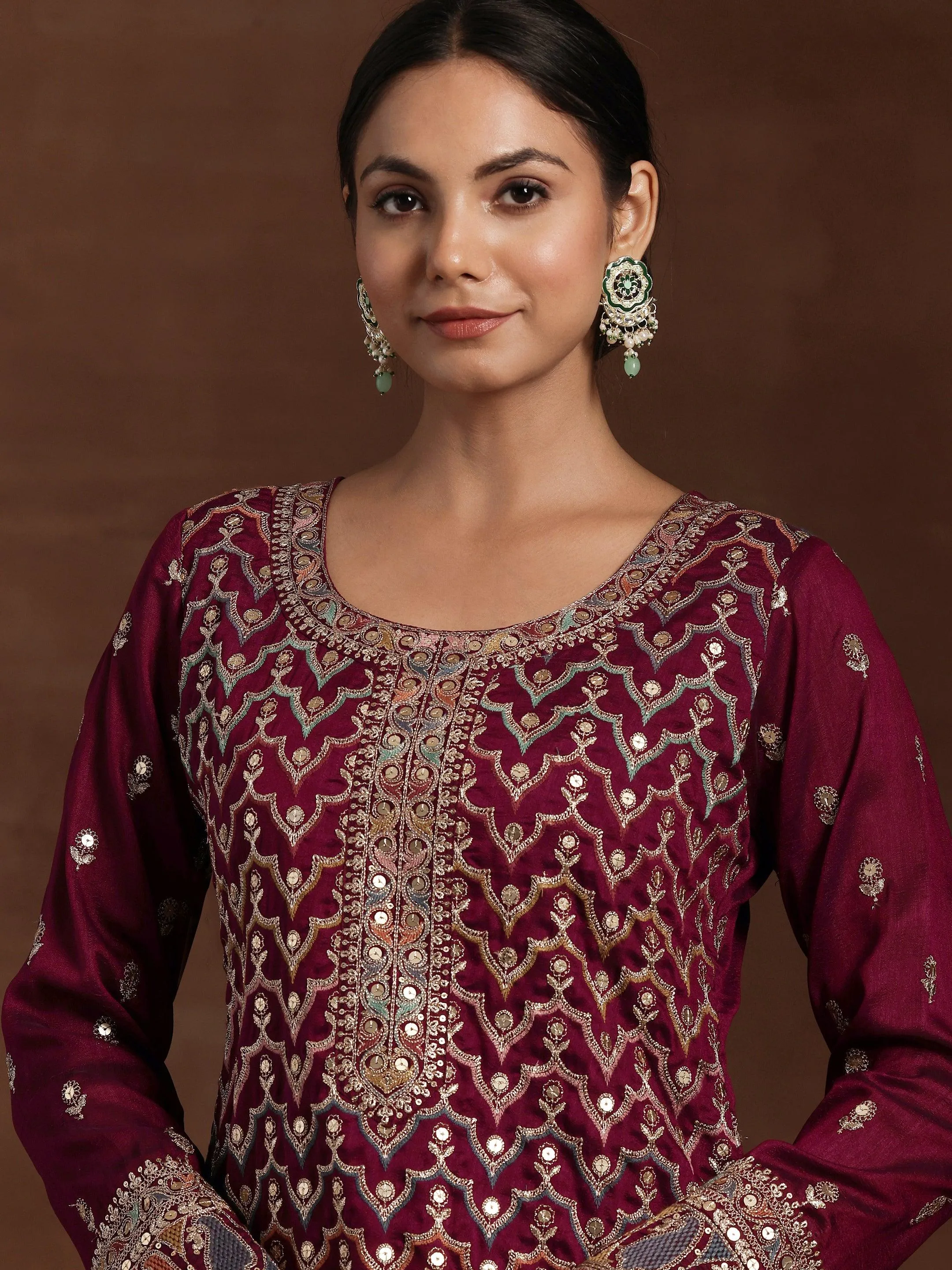 Adaa Wine Embroidered Silk Blend Straight Kurta With Palazzos & Dupatta