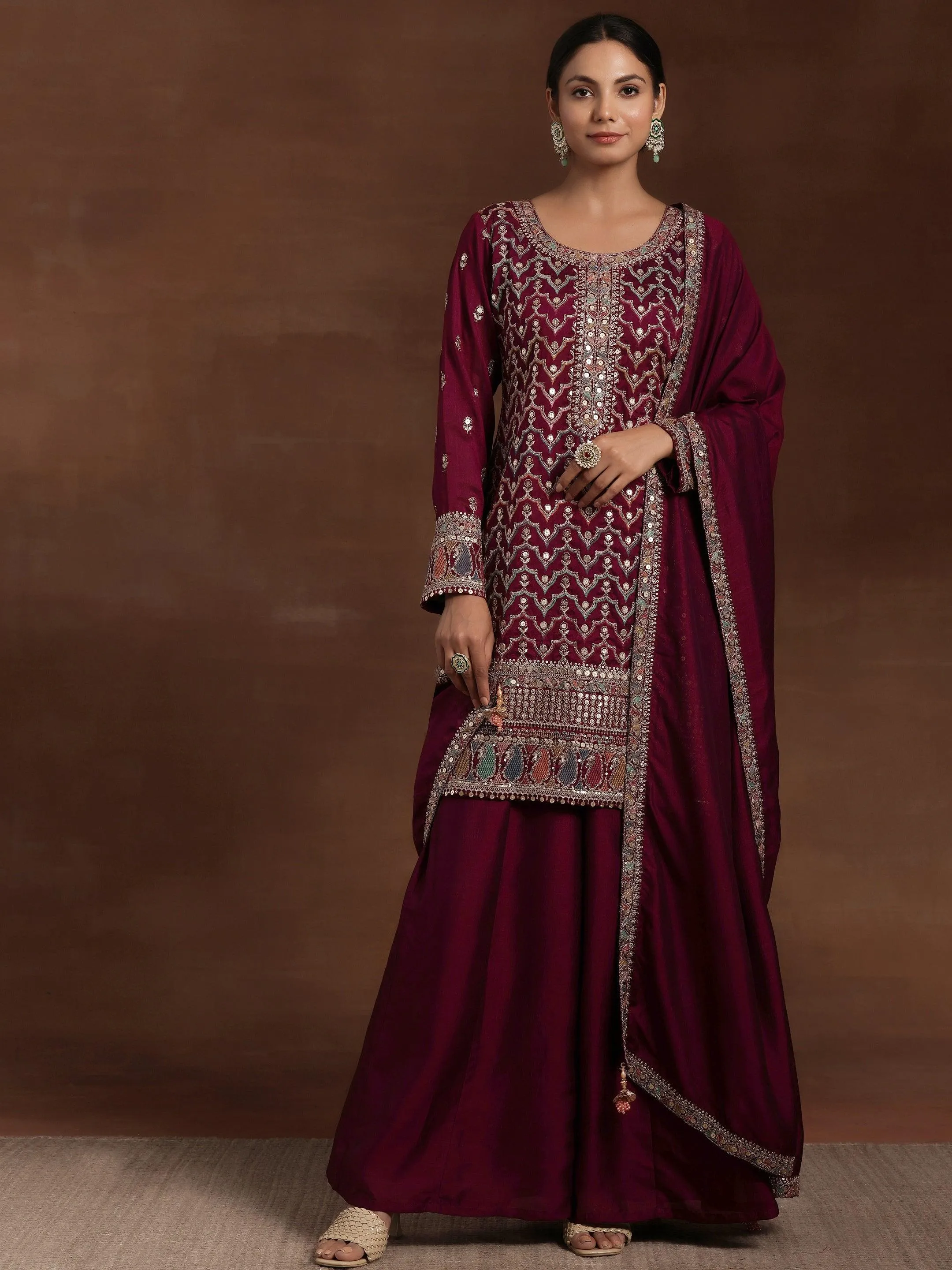 Adaa Wine Embroidered Silk Blend Straight Kurta With Palazzos & Dupatta