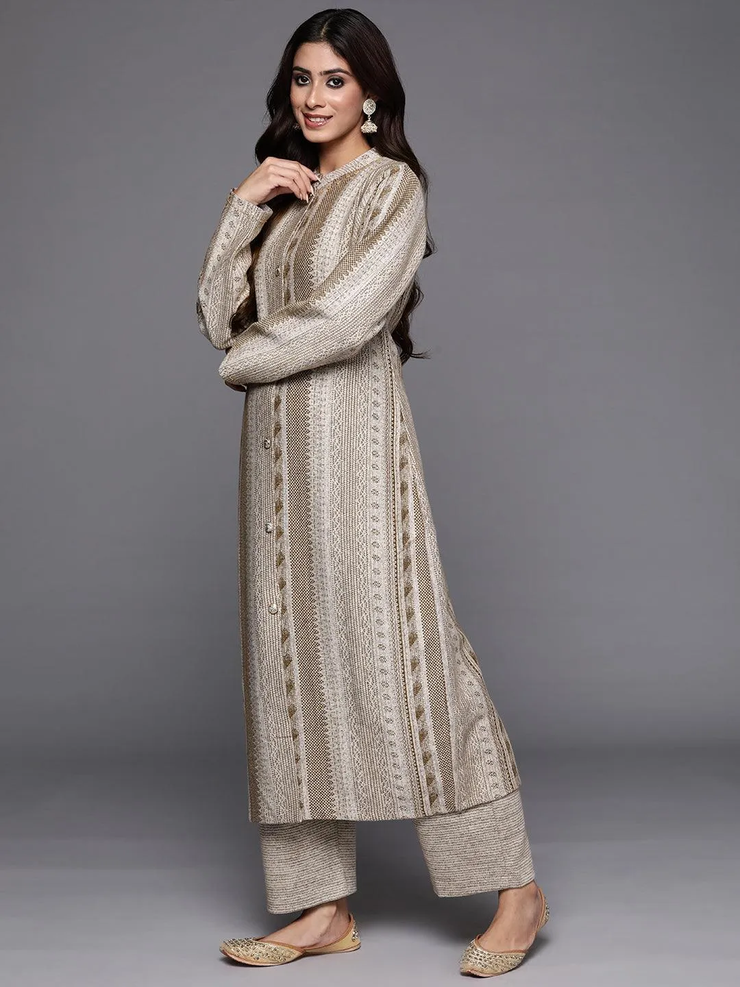 Beige Self Design Wool Blend A-Line Kurta With Trousers