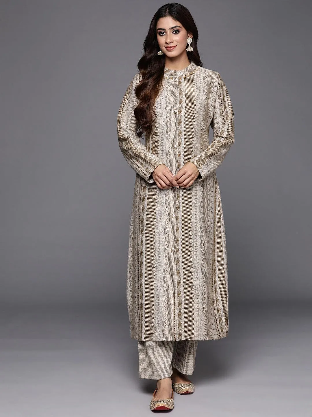 Beige Self Design Wool Blend A-Line Kurta With Trousers