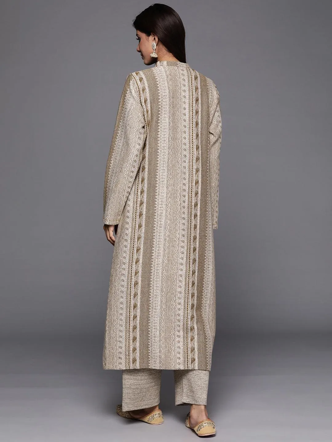 Beige Self Design Wool Blend A-Line Kurta With Trousers