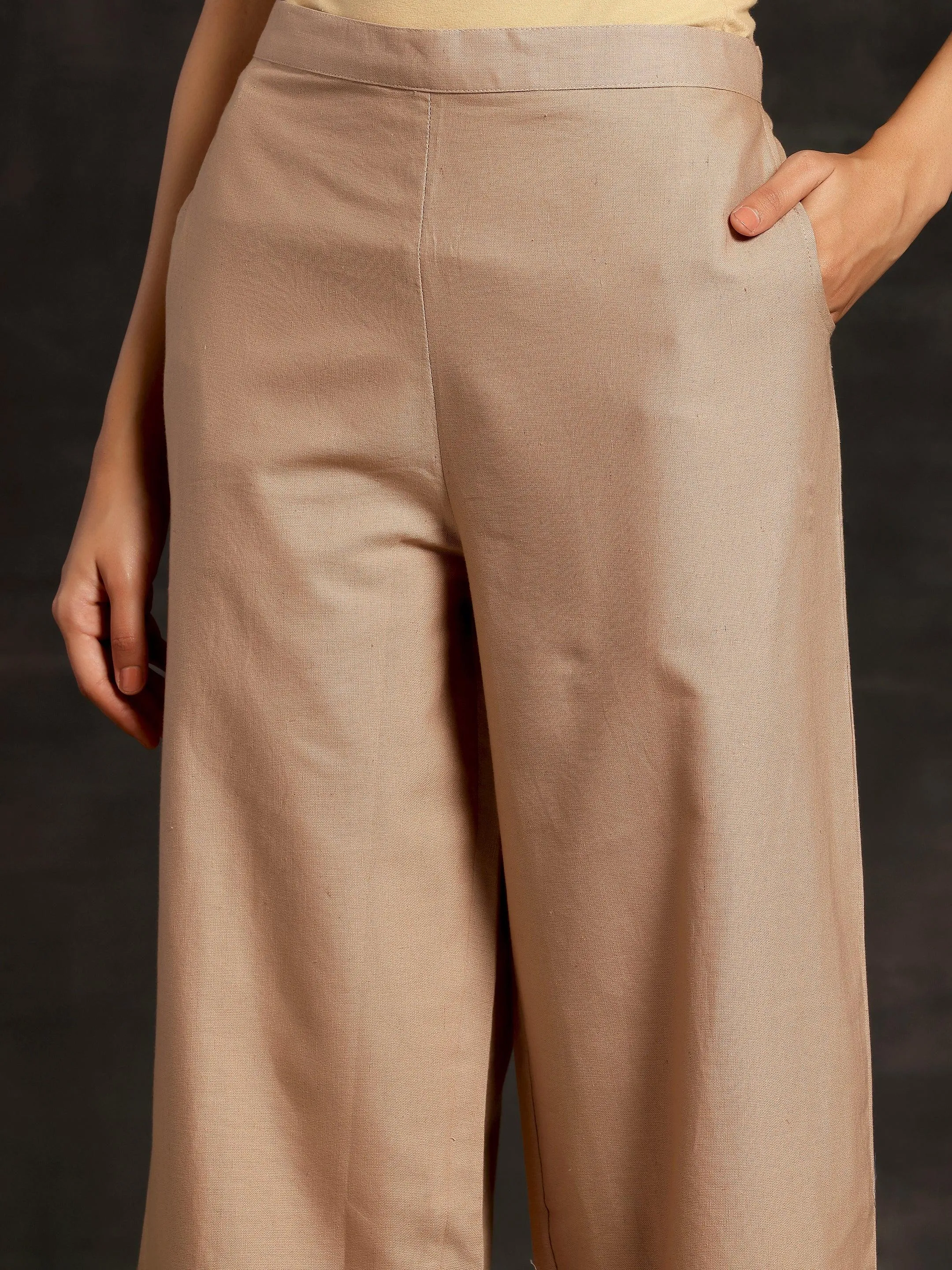 Beige Solid Cotton Wide Leg Palazzos