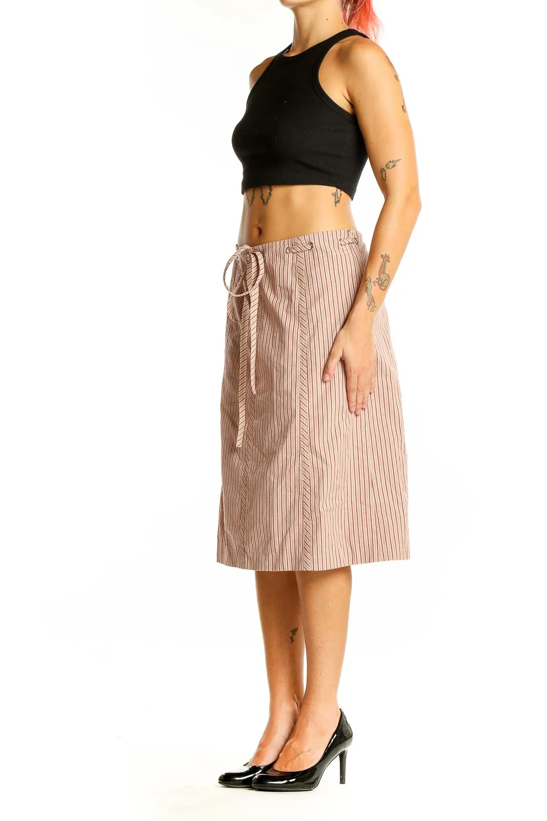 Beige Striped A-Line Midi Skirt