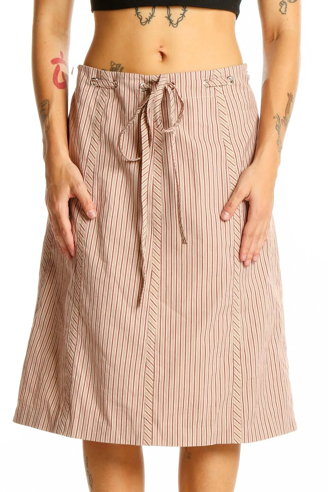 Beige Striped A-Line Midi Skirt