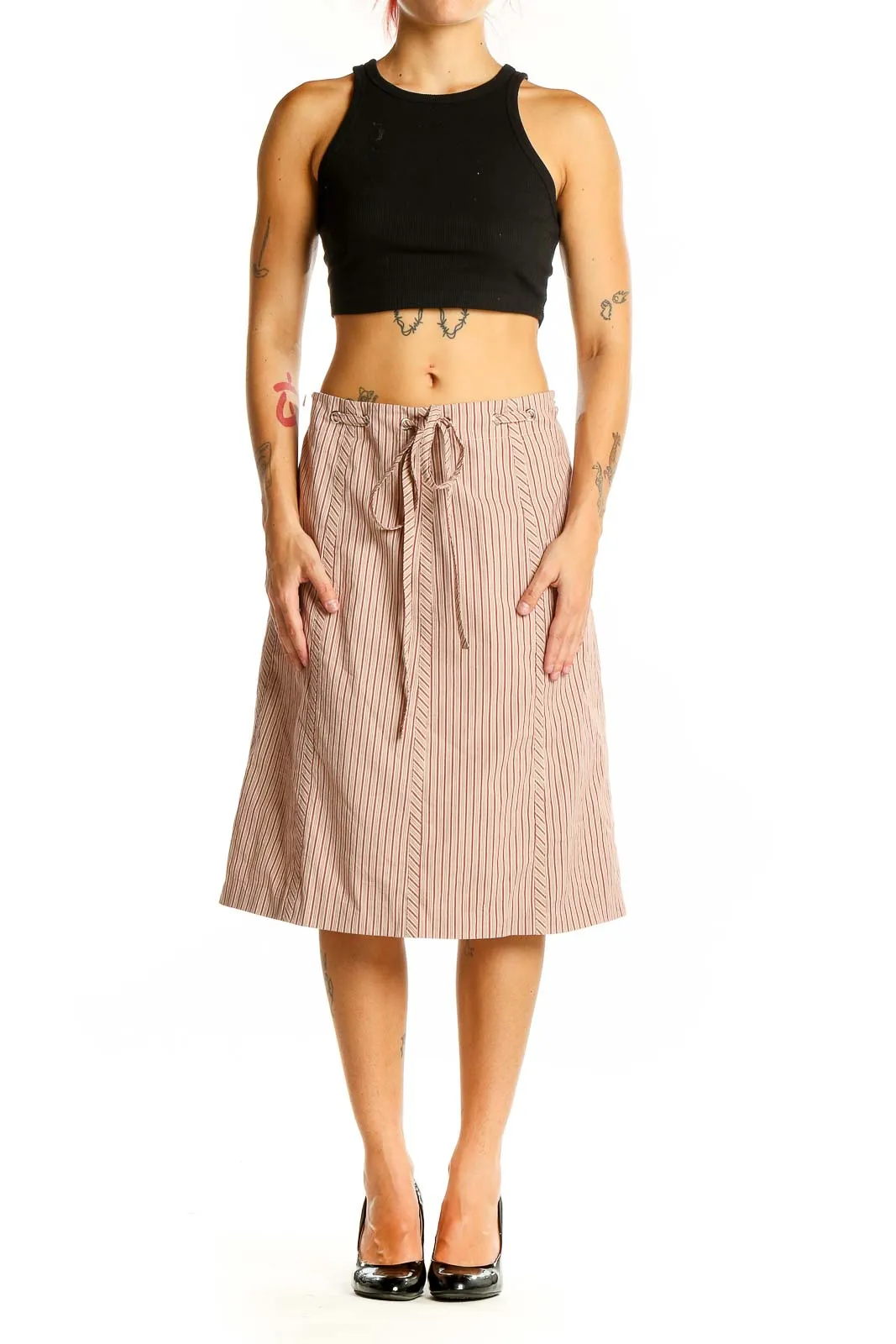 Beige Striped A-Line Midi Skirt