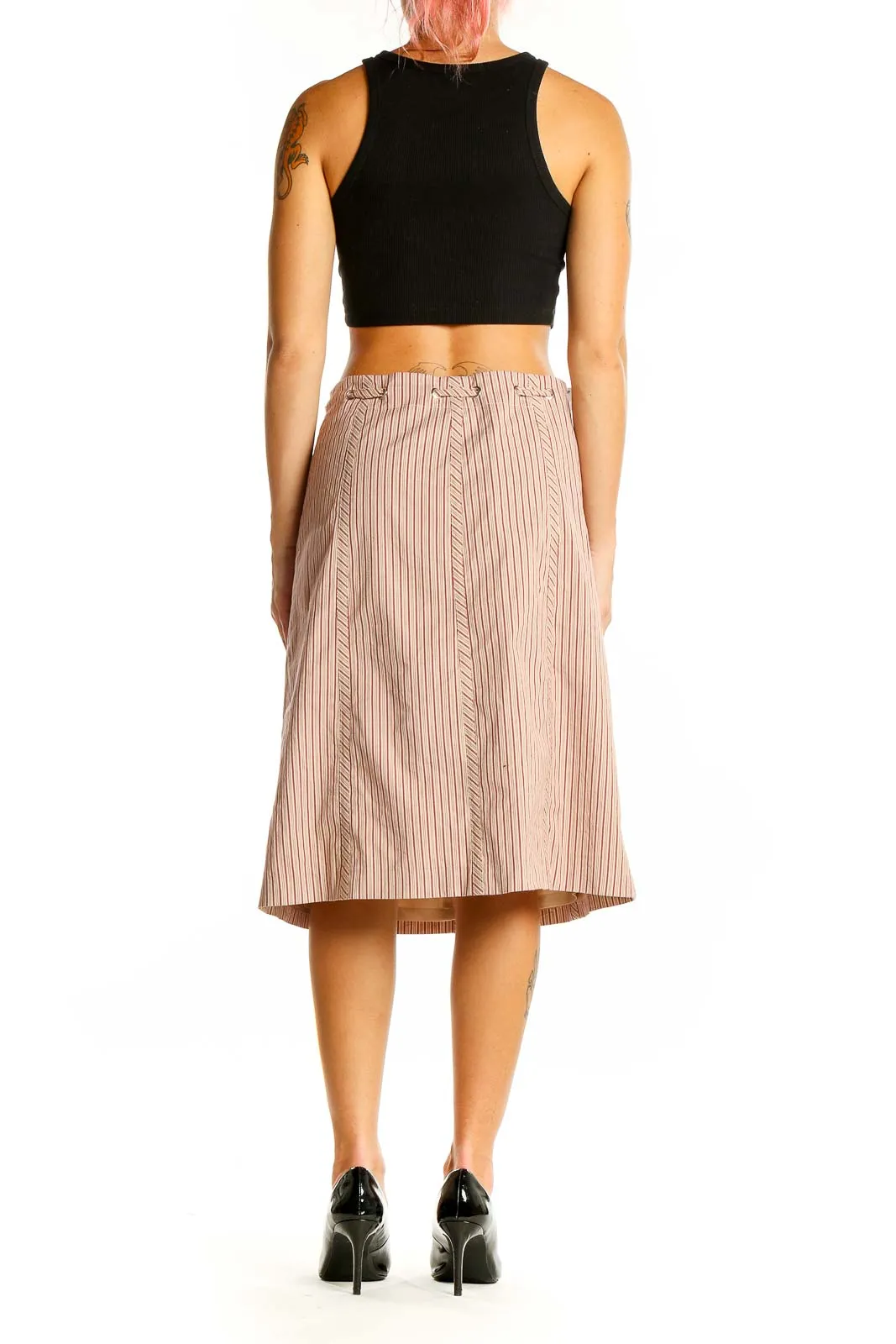 Beige Striped A-Line Midi Skirt