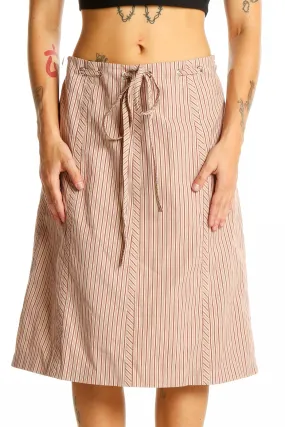 Beige Striped A-Line Midi Skirt