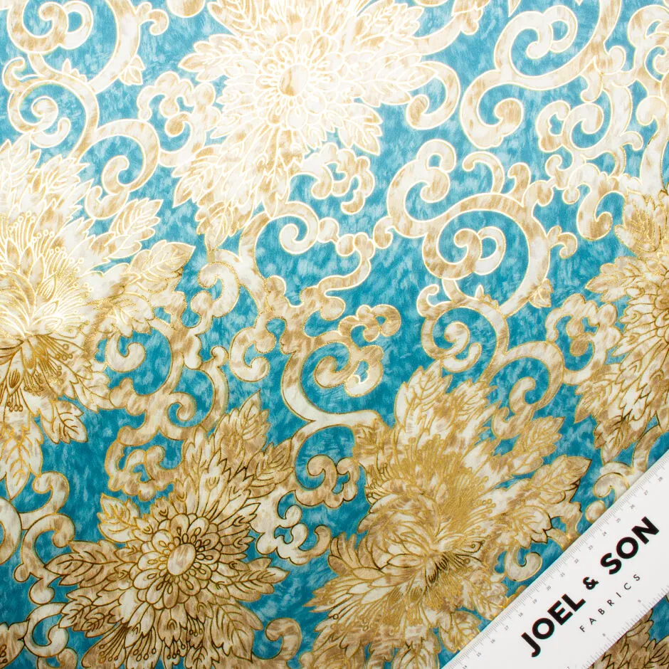 Beige, White & Gold Floral Printed Blue Silk Laminate Jacquard