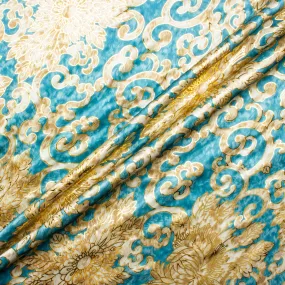 Beige, White & Gold Floral Printed Blue Silk Laminate Jacquard