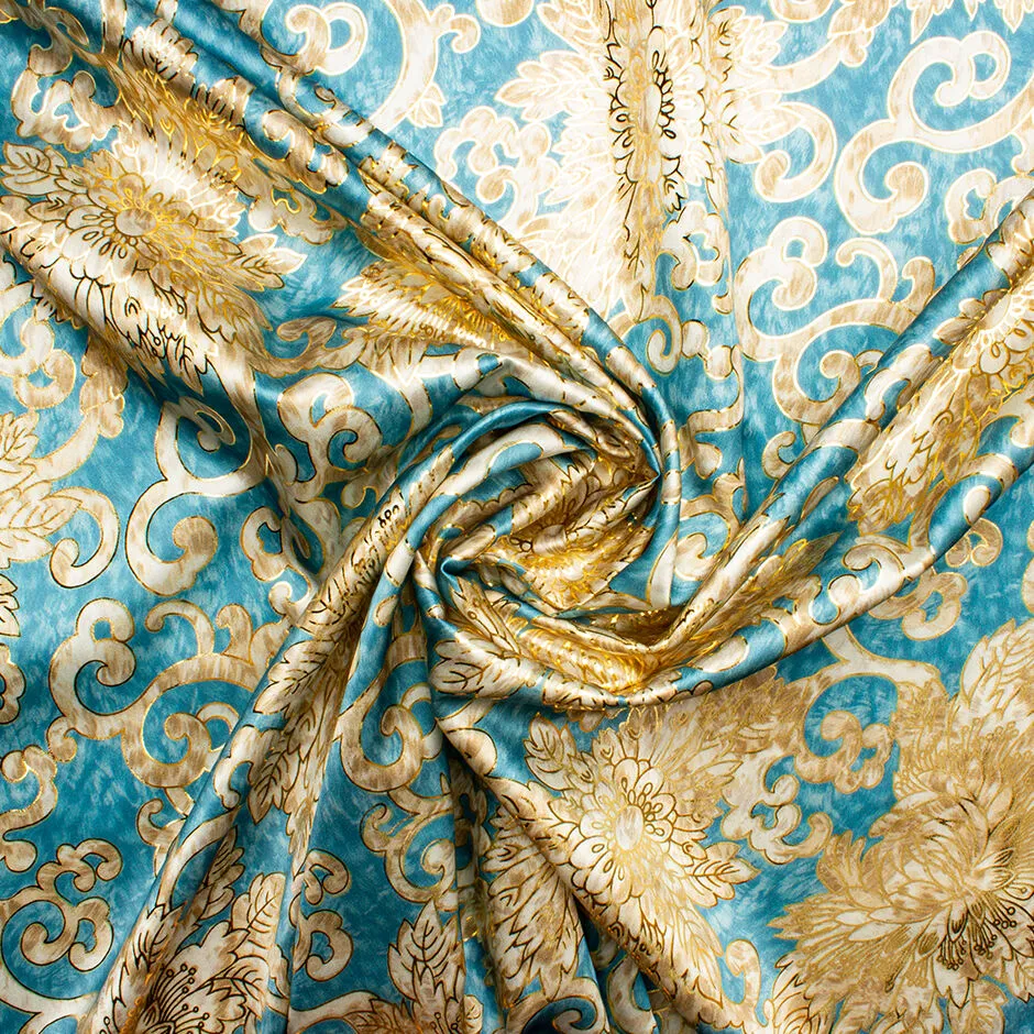 Beige, White & Gold Floral Printed Blue Silk Laminate Jacquard