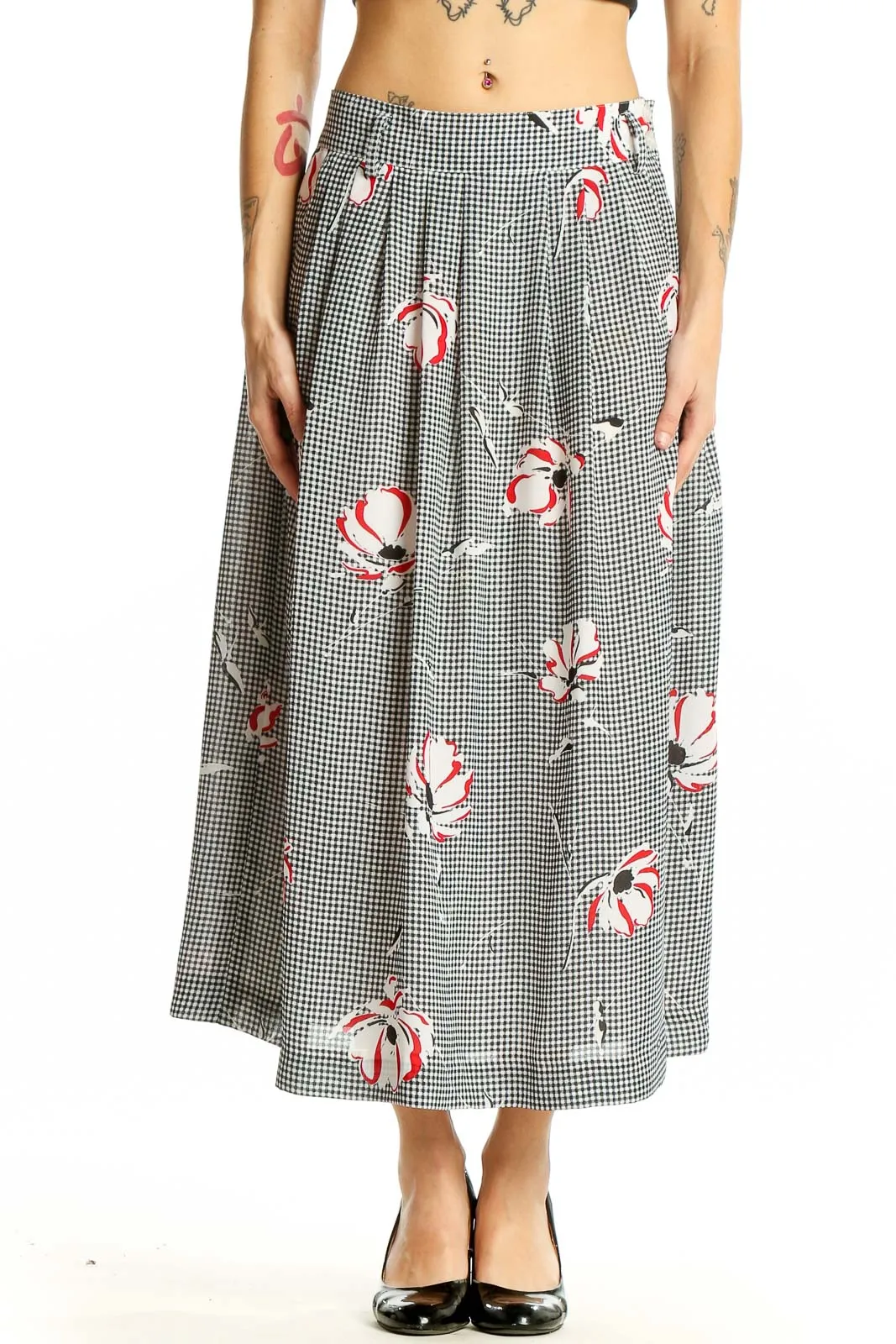 Black and White Gingham Floral Midi Skirt