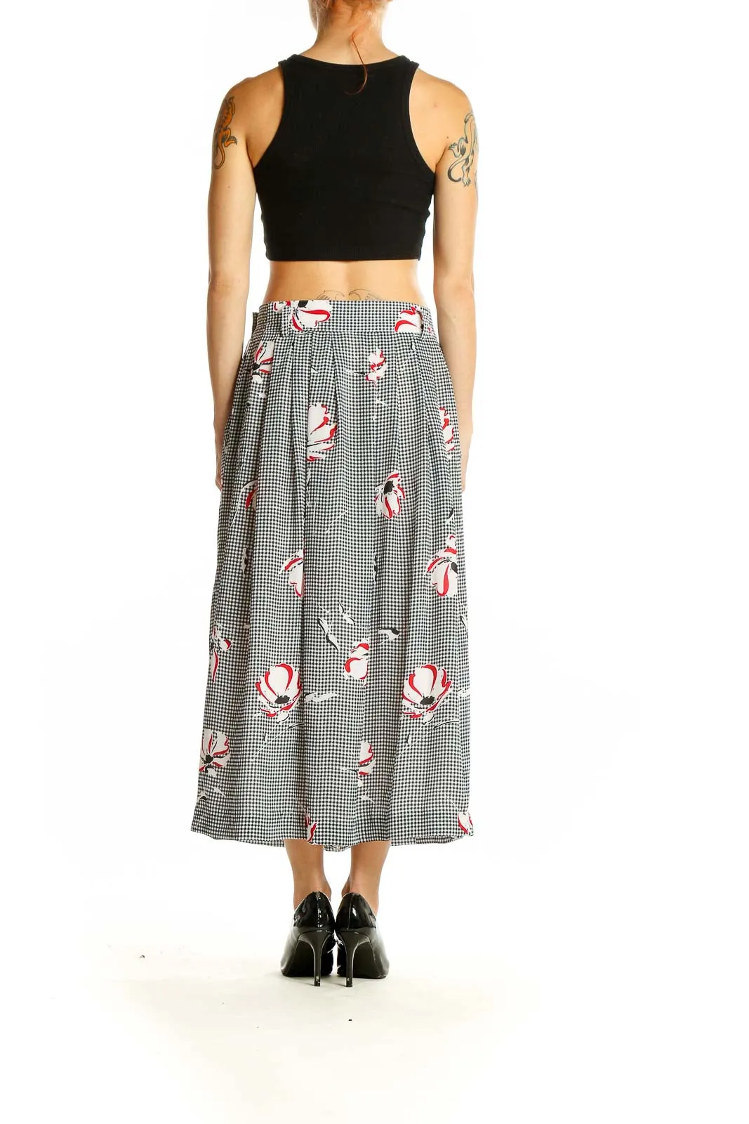 Black and White Gingham Floral Midi Skirt