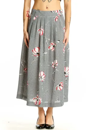 Black and White Gingham Floral Midi Skirt