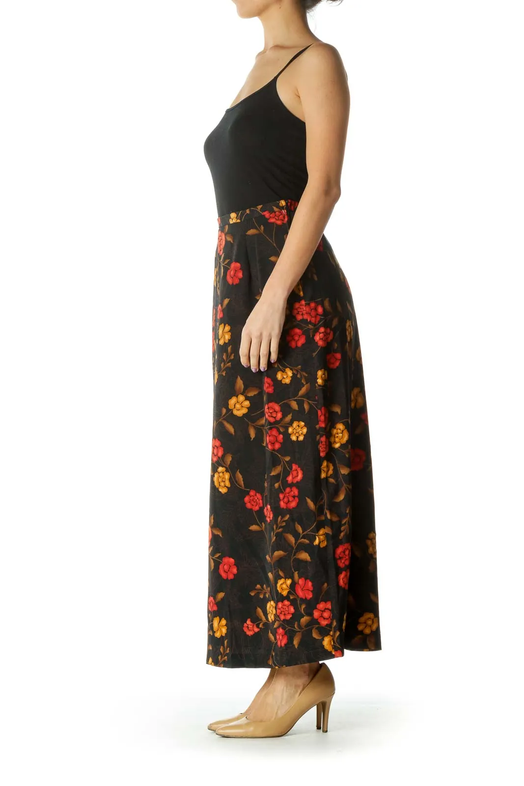 Black Orange Floral Maxi Skirt