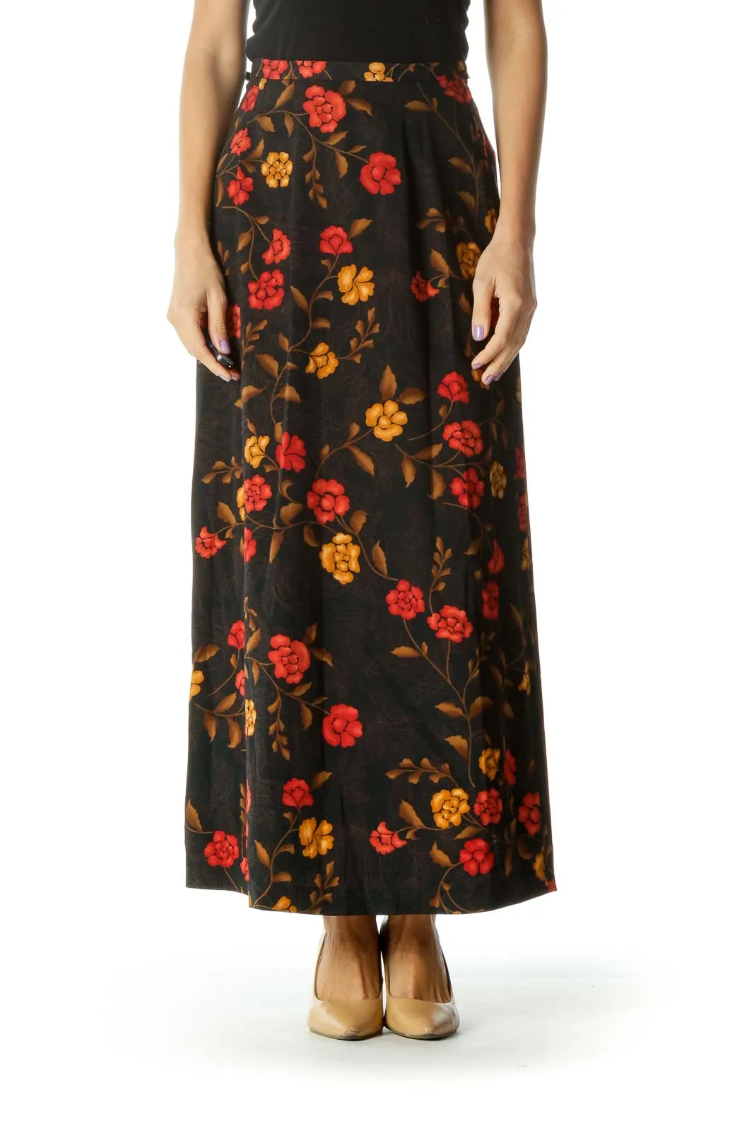 Black Orange Floral Maxi Skirt