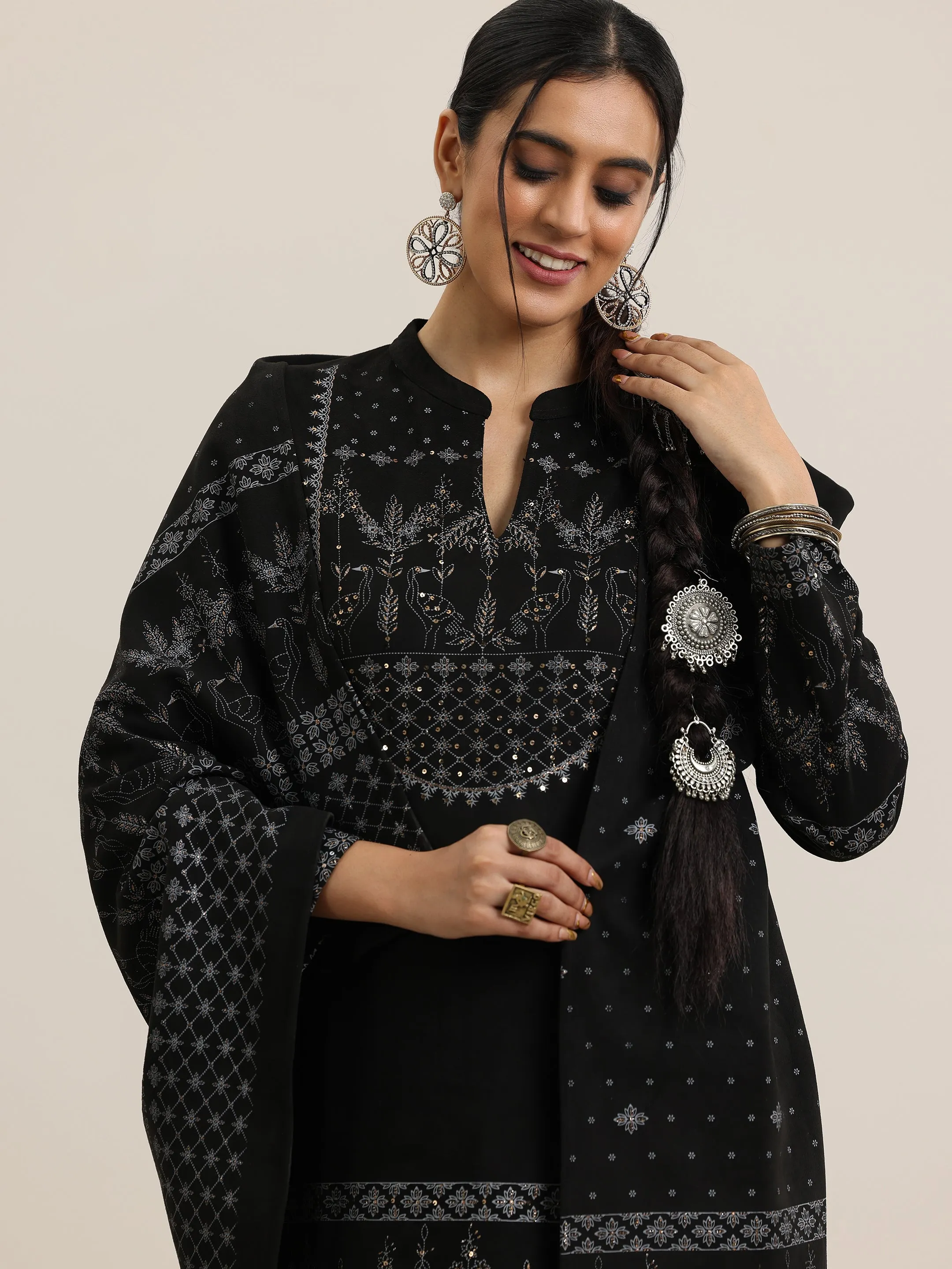 Black Printed Wool Blend Straight Suit With Dupatta