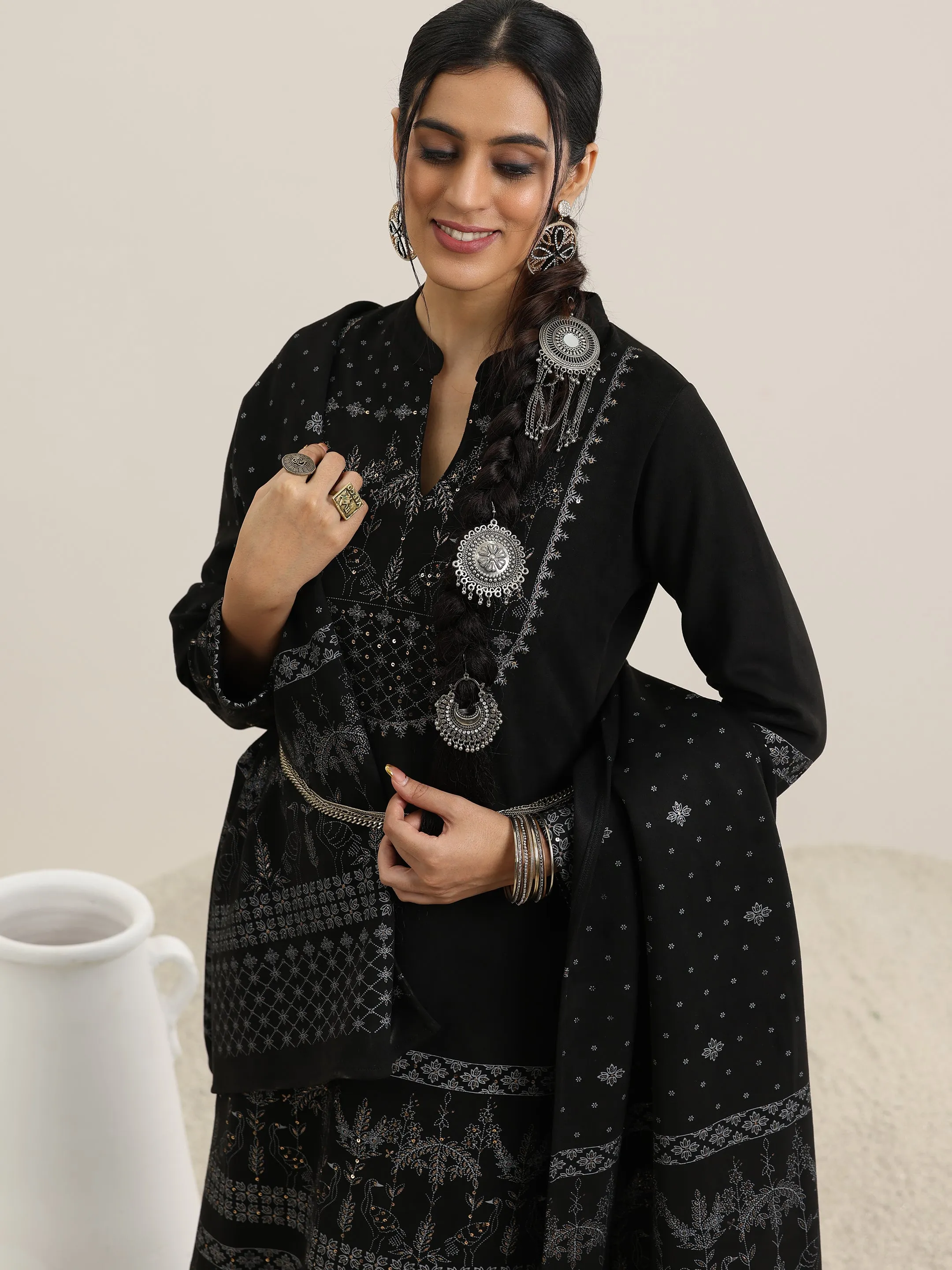 Black Printed Wool Blend Straight Suit With Dupatta