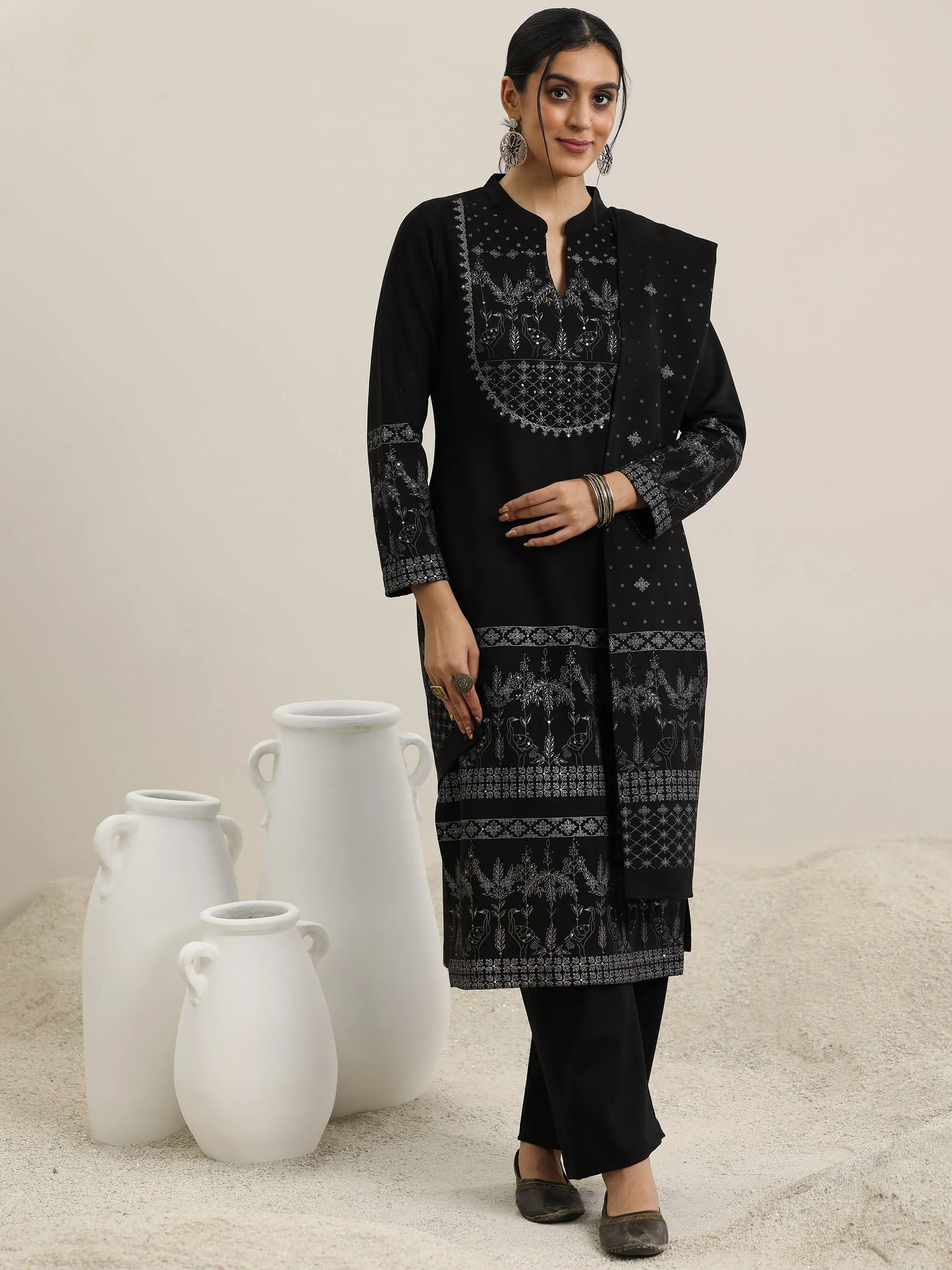 Black Printed Wool Blend Straight Suit With Dupatta