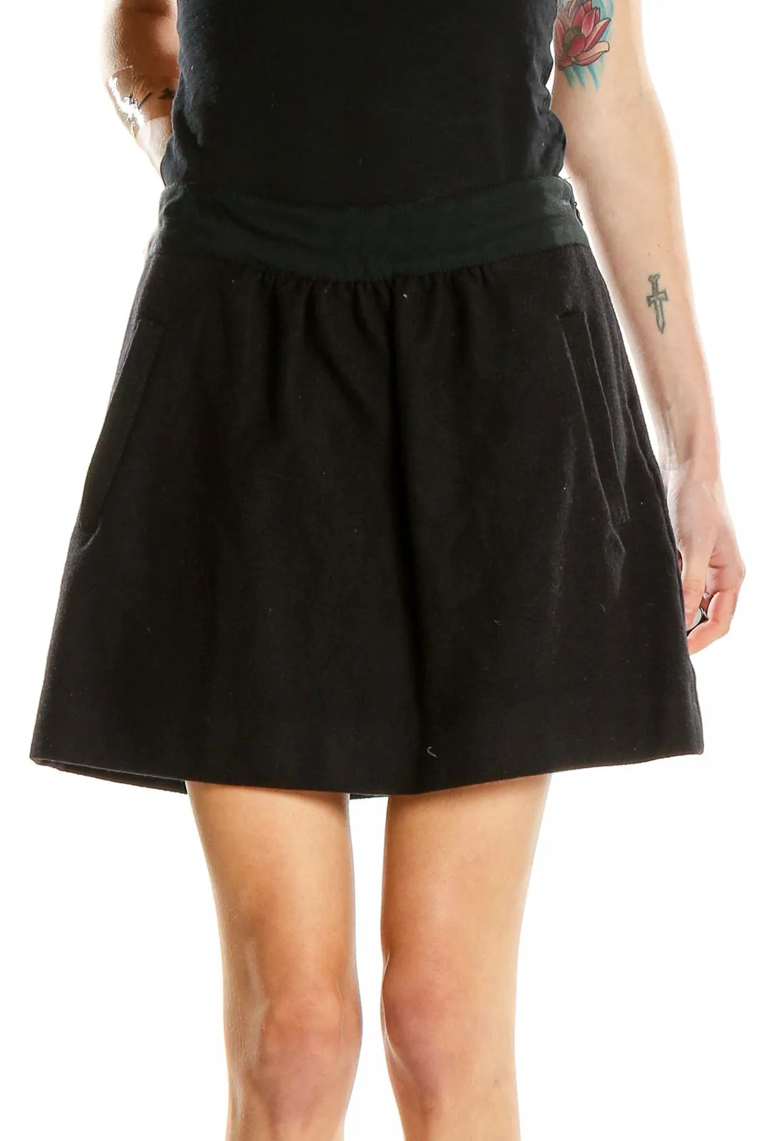 Black Wool Blend A-Line Mini Skirt