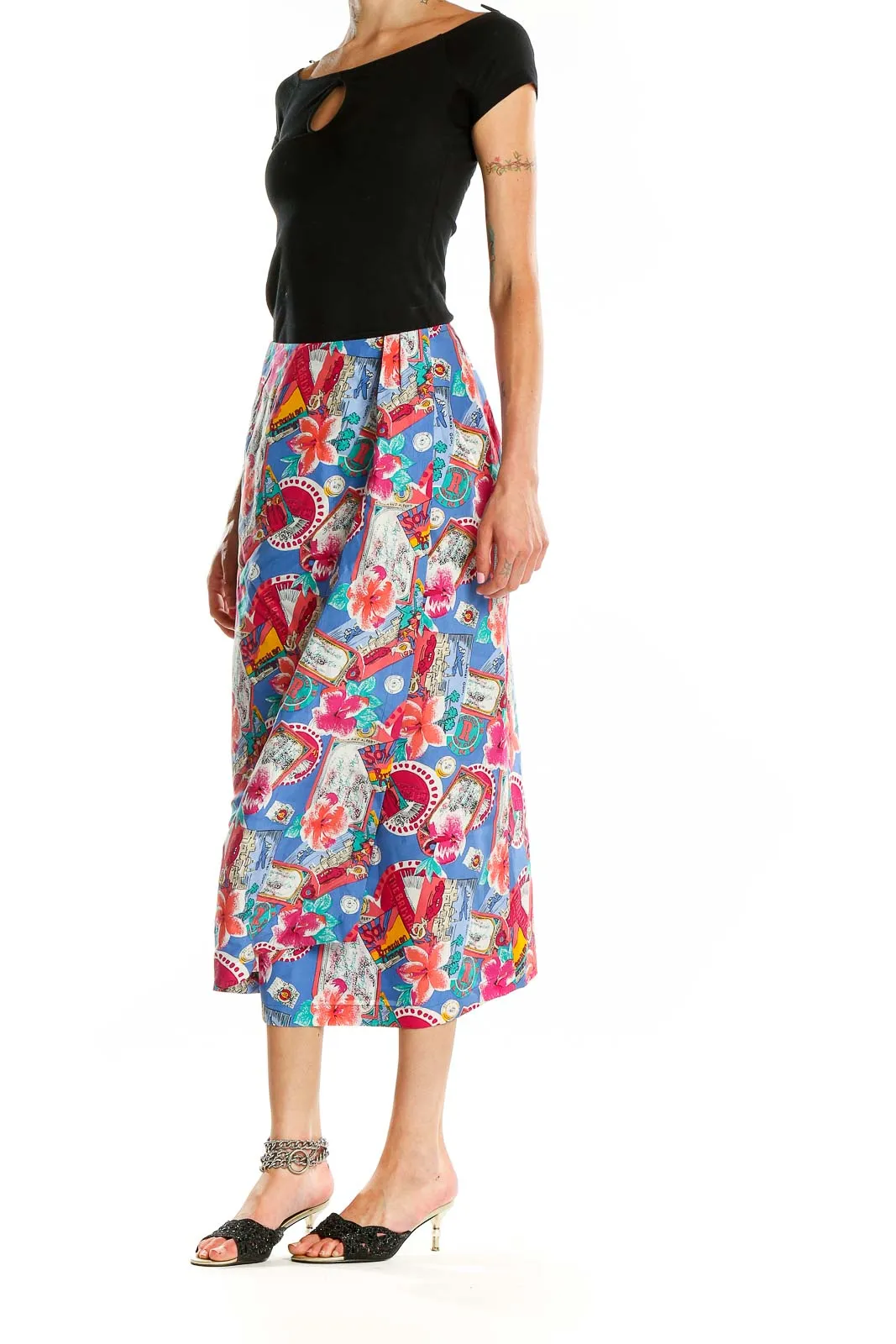 Blue Floral Print Silk Midi Skirt