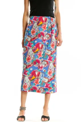 Blue Floral Print Silk Midi Skirt