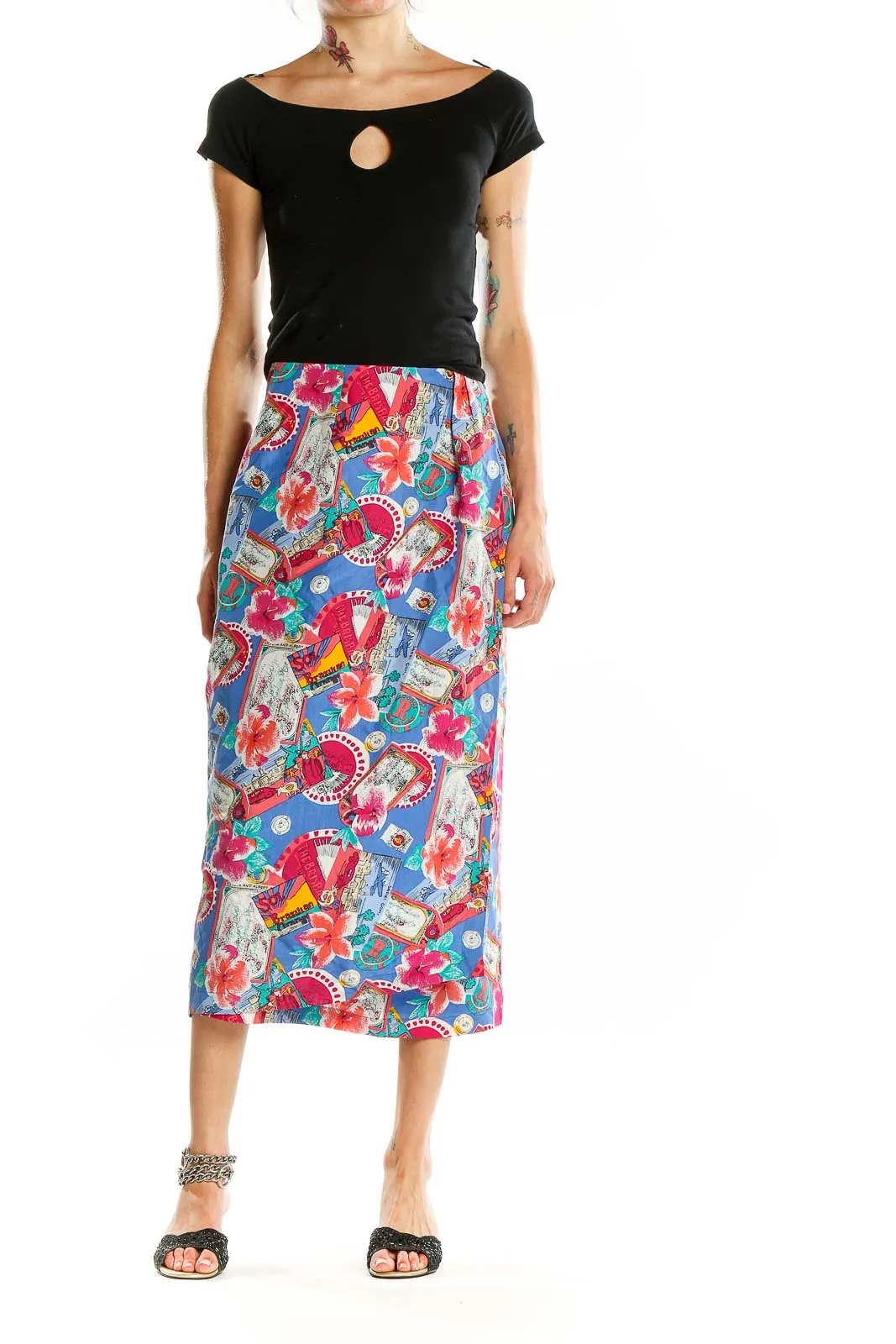 Blue Floral Print Silk Midi Skirt