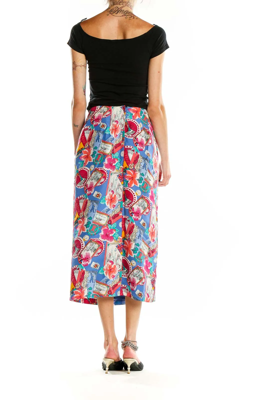 Blue Floral Print Silk Midi Skirt