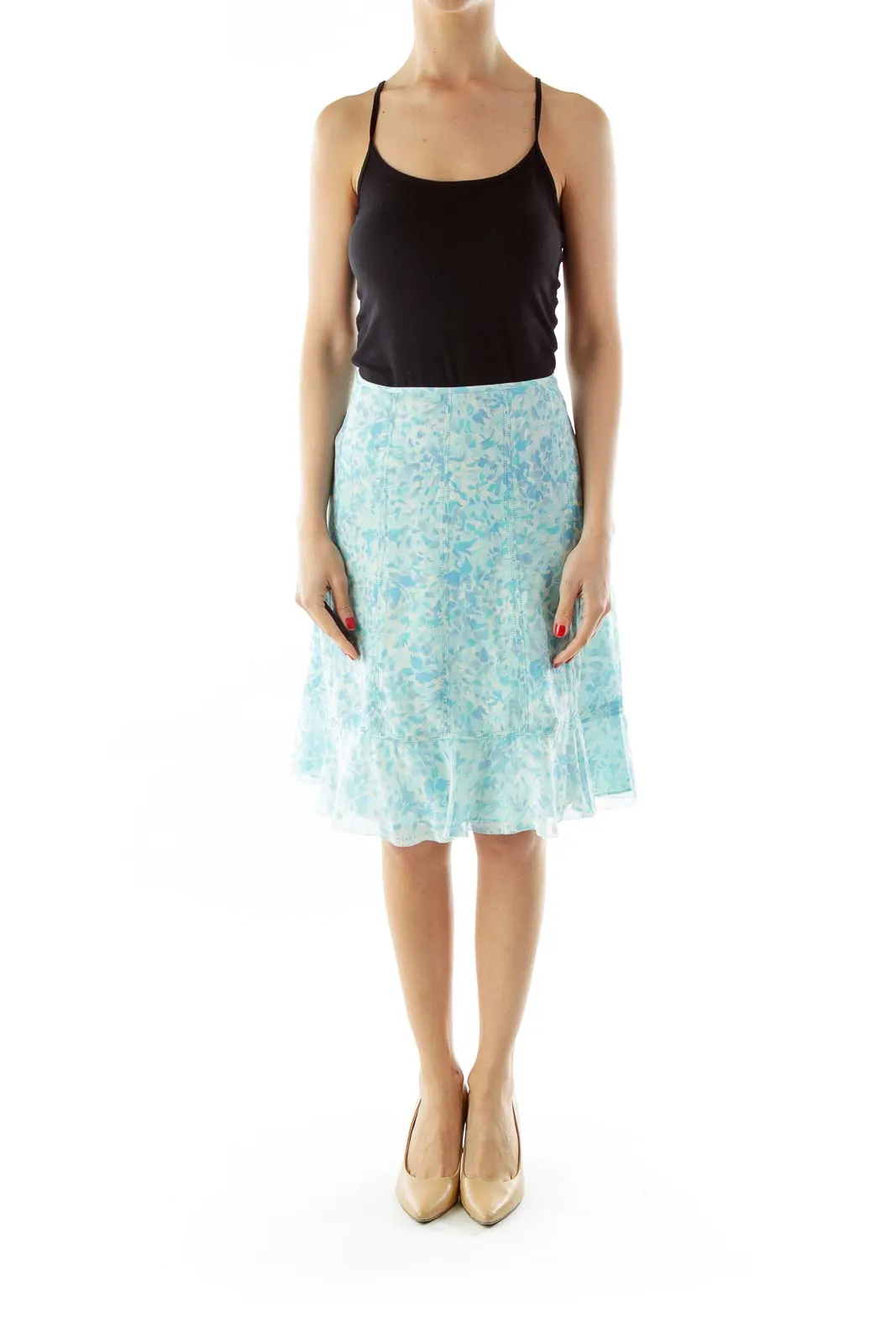 Blue Floral Stitched Skirt w/ Ruffles