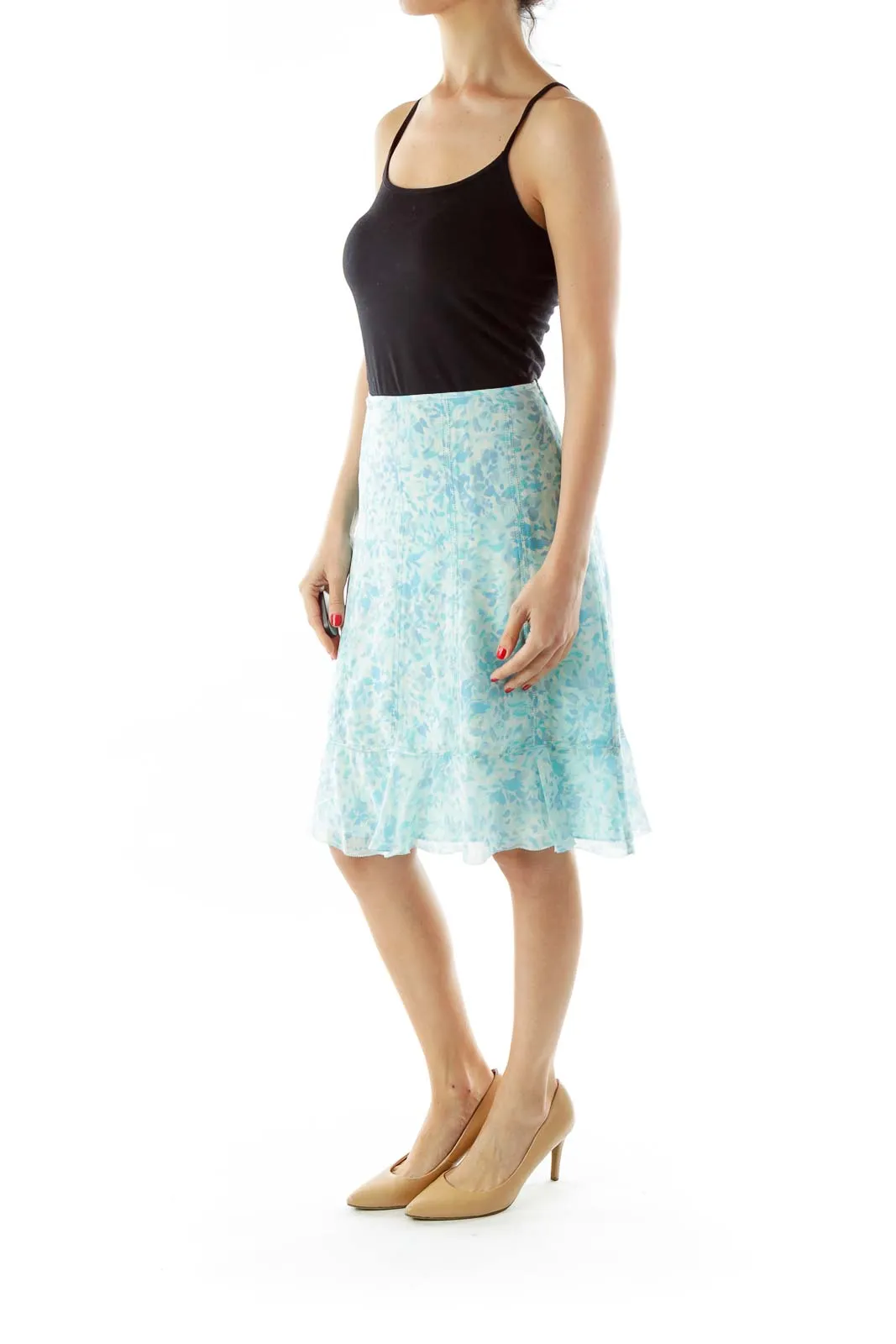 Blue Floral Stitched Skirt w/ Ruffles