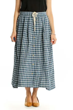 Blue Plaid Cotton Button-Front Midi Skirt