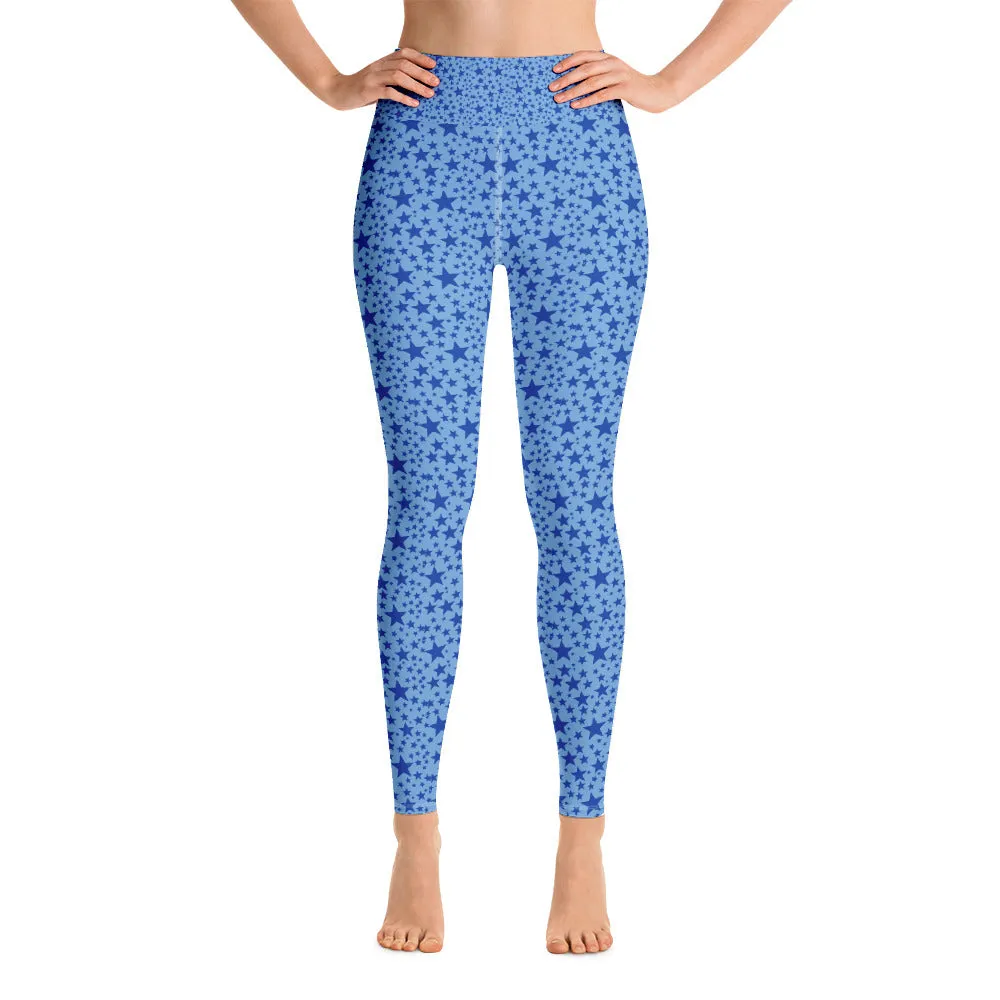 Blue Star Women's Leggings, Star Pattern Long Gym Workout Yoga Pants- Made in USA/EU