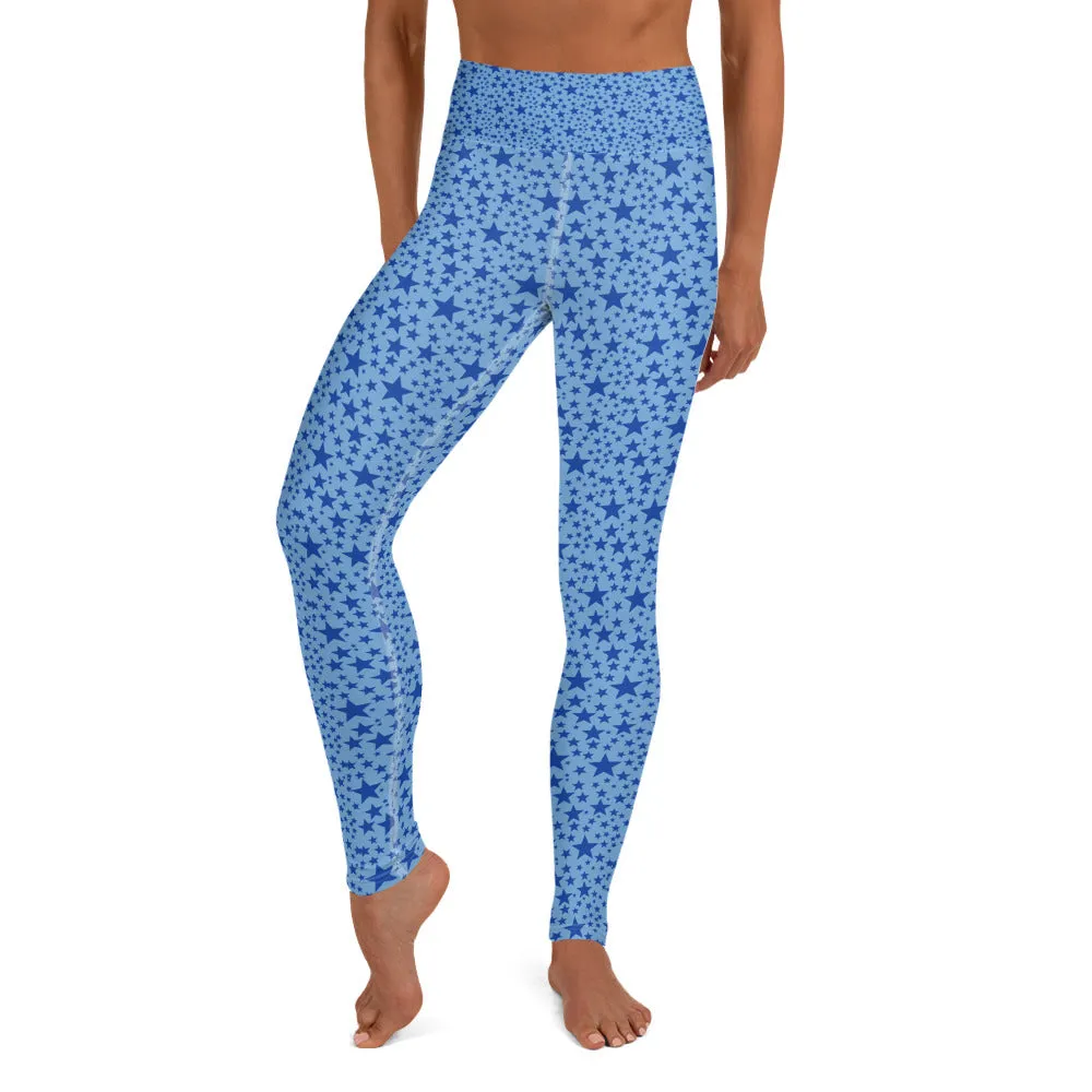 Blue Star Women's Leggings, Star Pattern Long Gym Workout Yoga Pants- Made in USA/EU