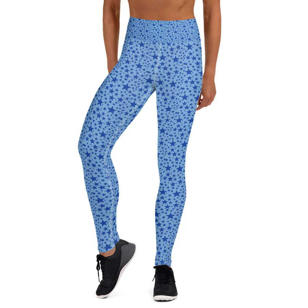 Blue Star Women's Leggings, Star Pattern Long Gym Workout Yoga Pants- Made in USA/EU