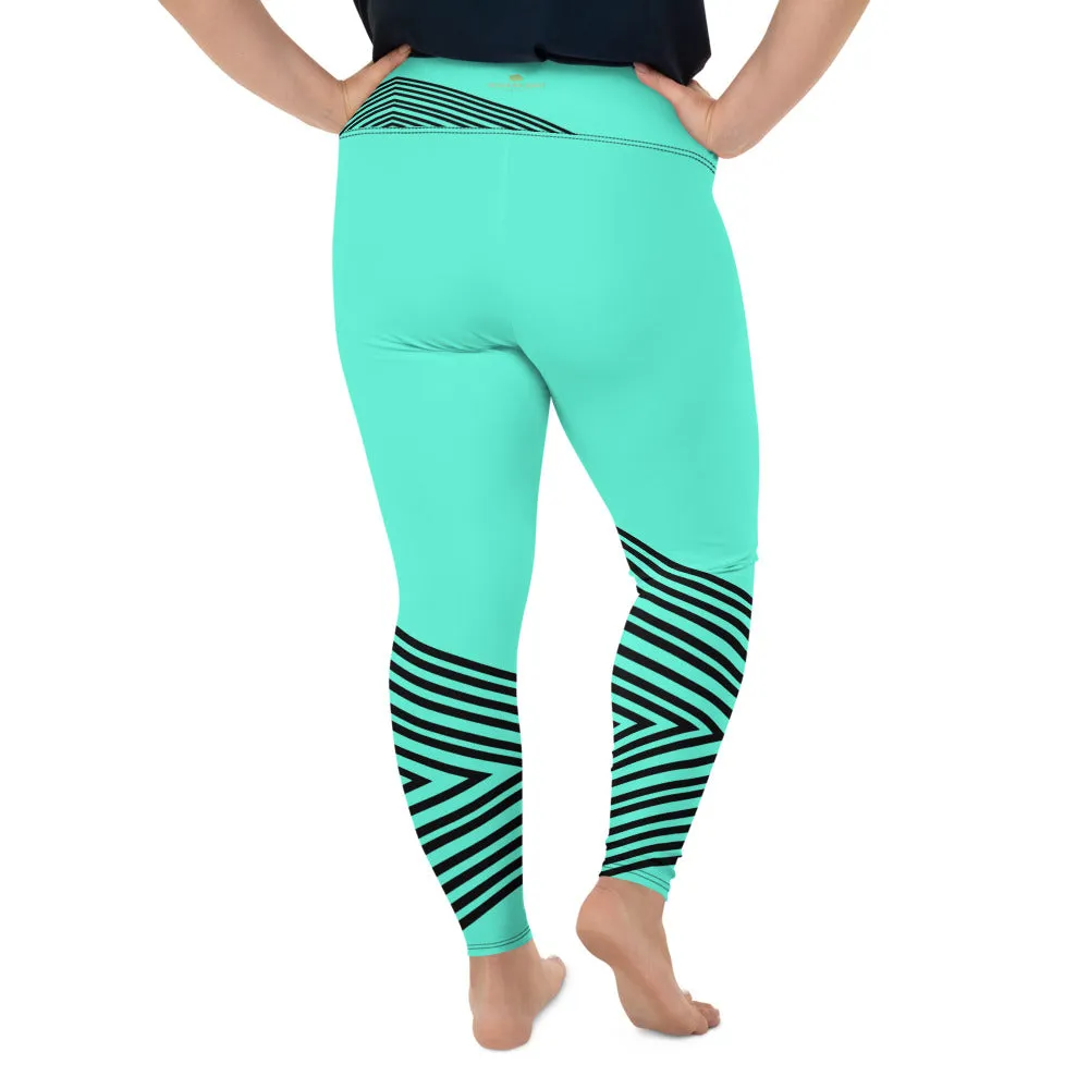 Blue Striped Plus Size Leggings, Sporty Modern Women's Modern Yoga Pants- Made in USA/EU