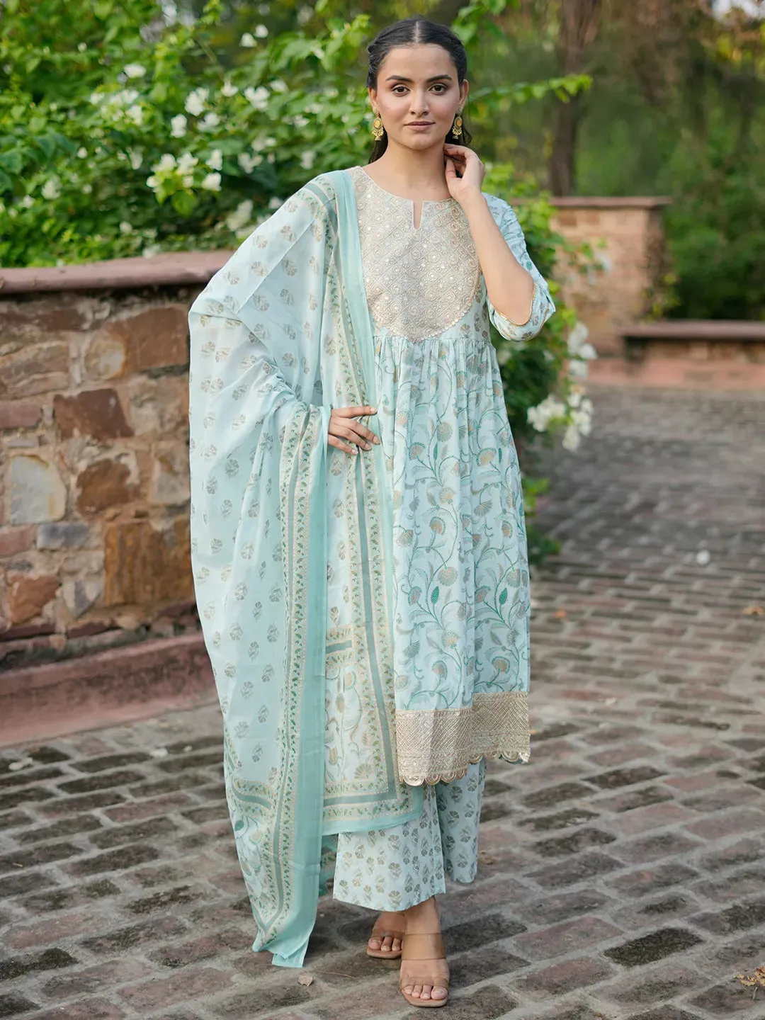 Blue Yoke Design Cotton A-Line Kurta With Palazzos & Dupatta