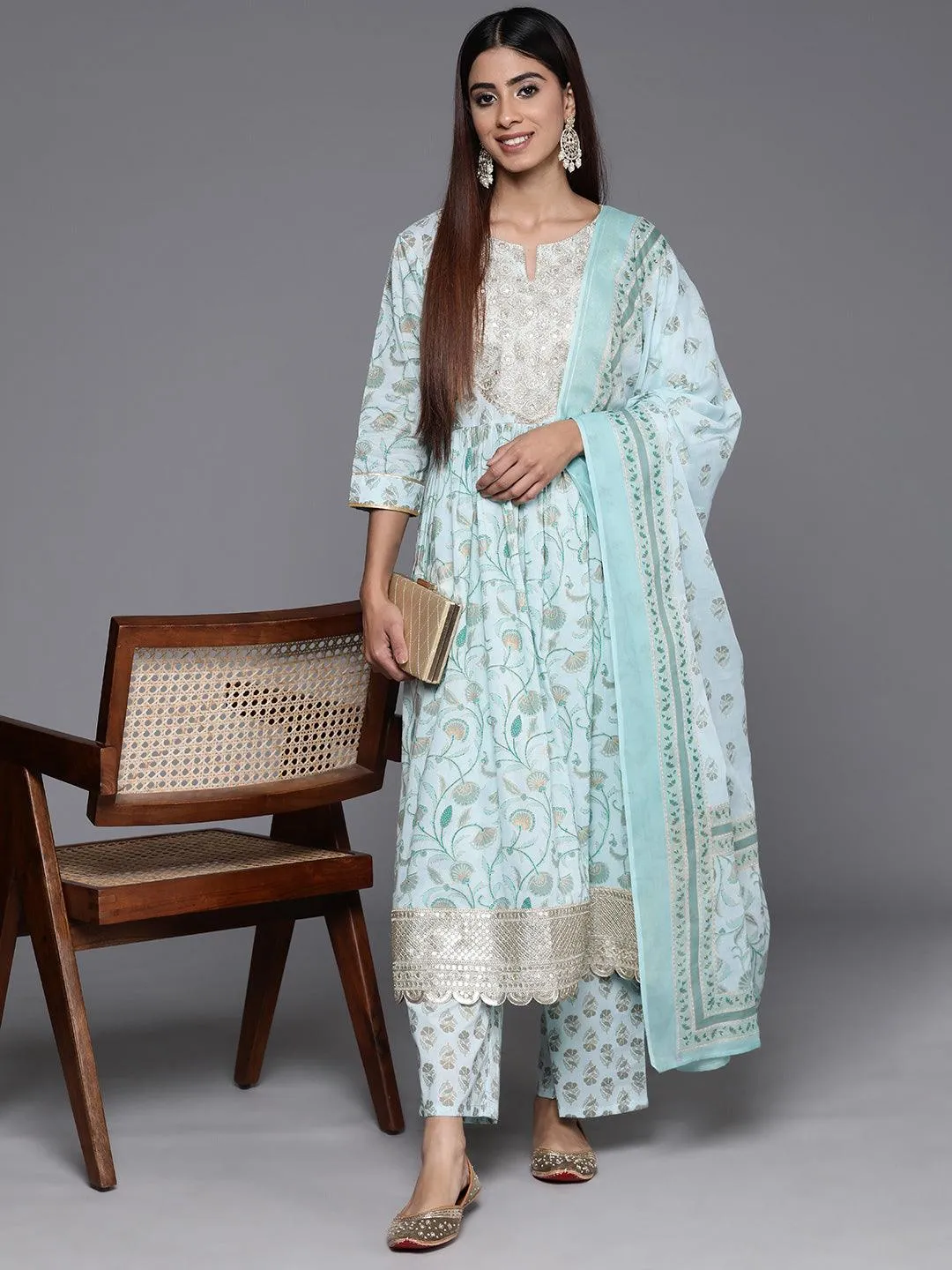 Blue Yoke Design Cotton A-Line Kurta With Palazzos & Dupatta