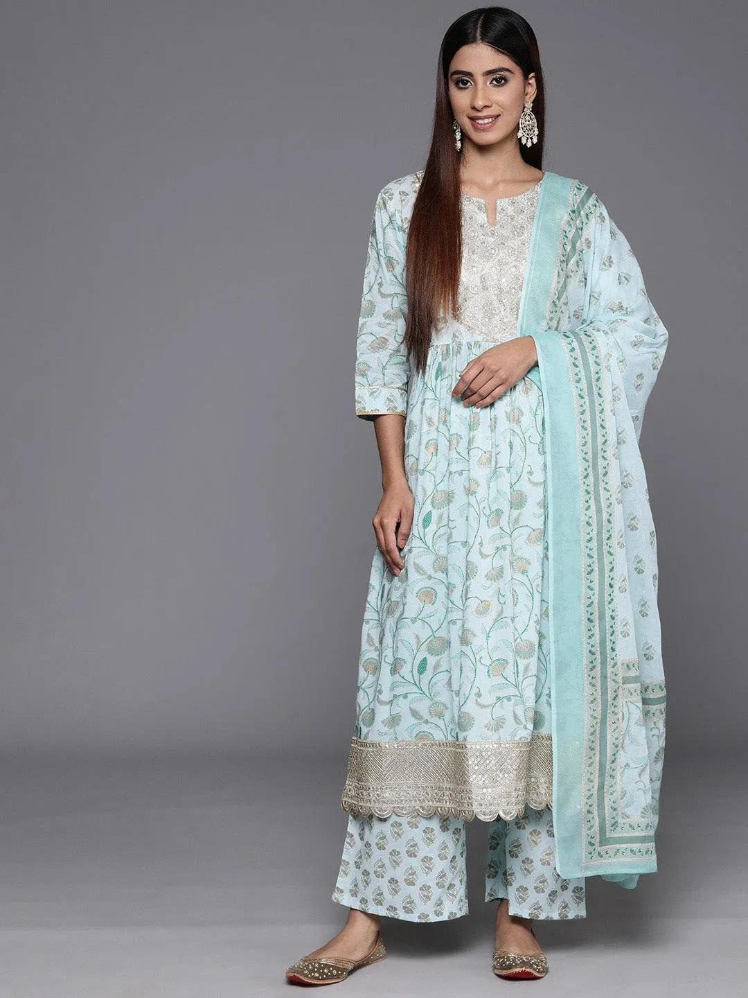 Blue Yoke Design Cotton A-Line Kurta With Palazzos & Dupatta