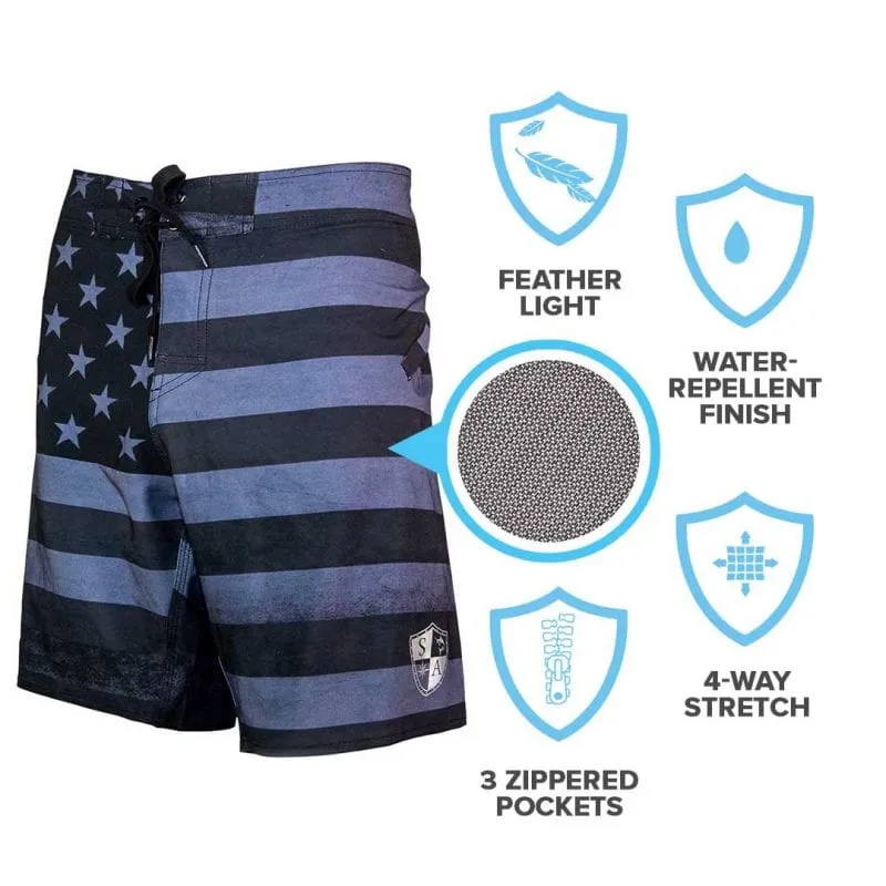 Board Shorts | Blackout American Flag | Silver SA Shield