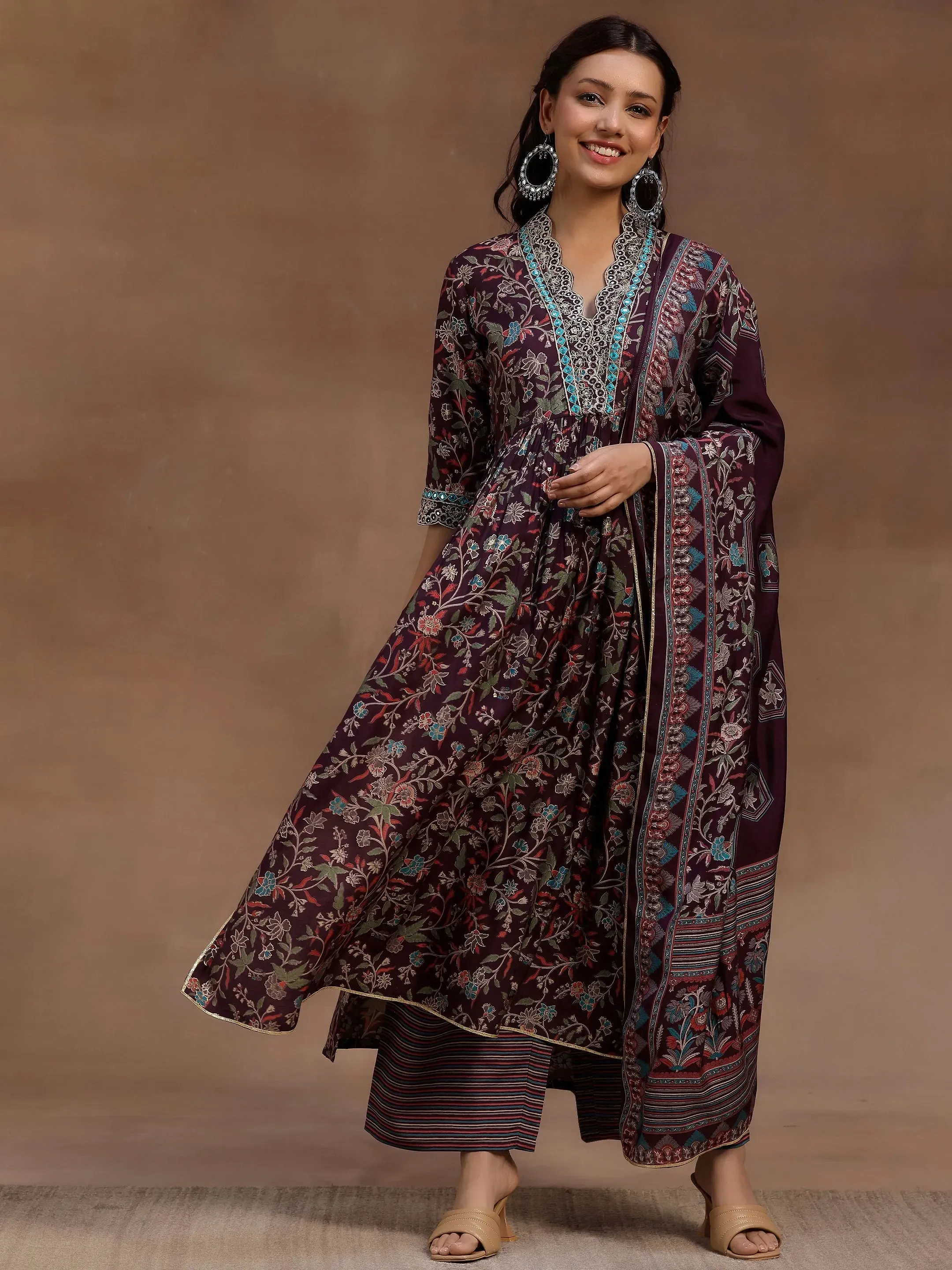 Burgundy Printed Silk Blend A-Line Kurta With Palazzos & Dupatta