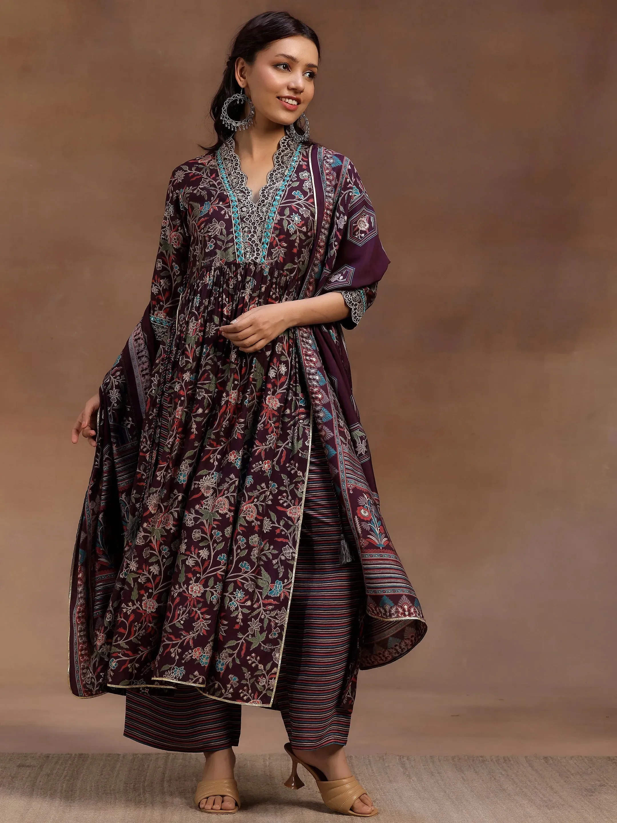 Burgundy Printed Silk Blend A-Line Kurta With Palazzos & Dupatta