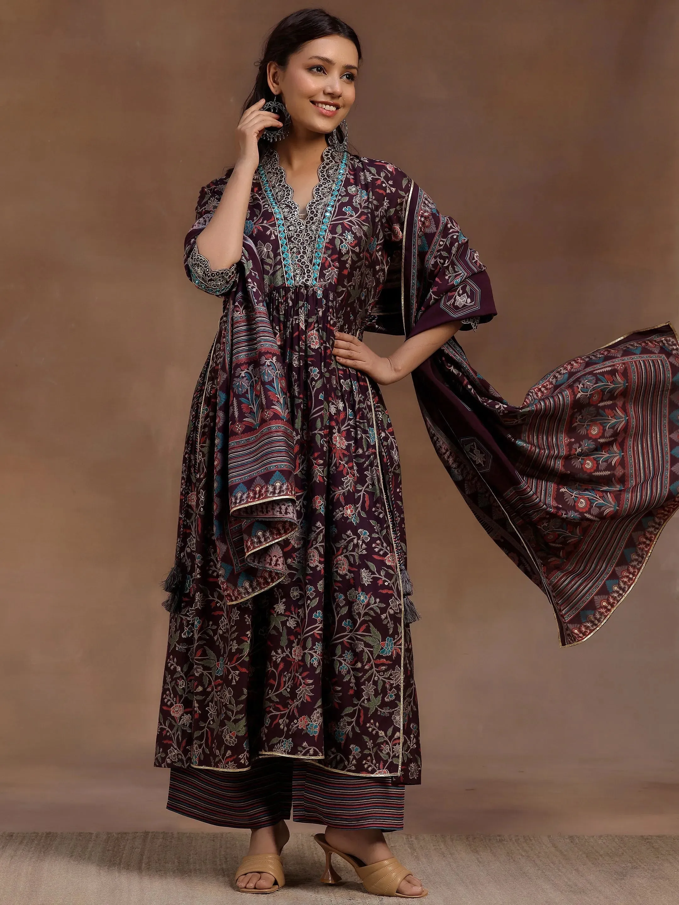 Burgundy Printed Silk Blend A-Line Kurta With Palazzos & Dupatta