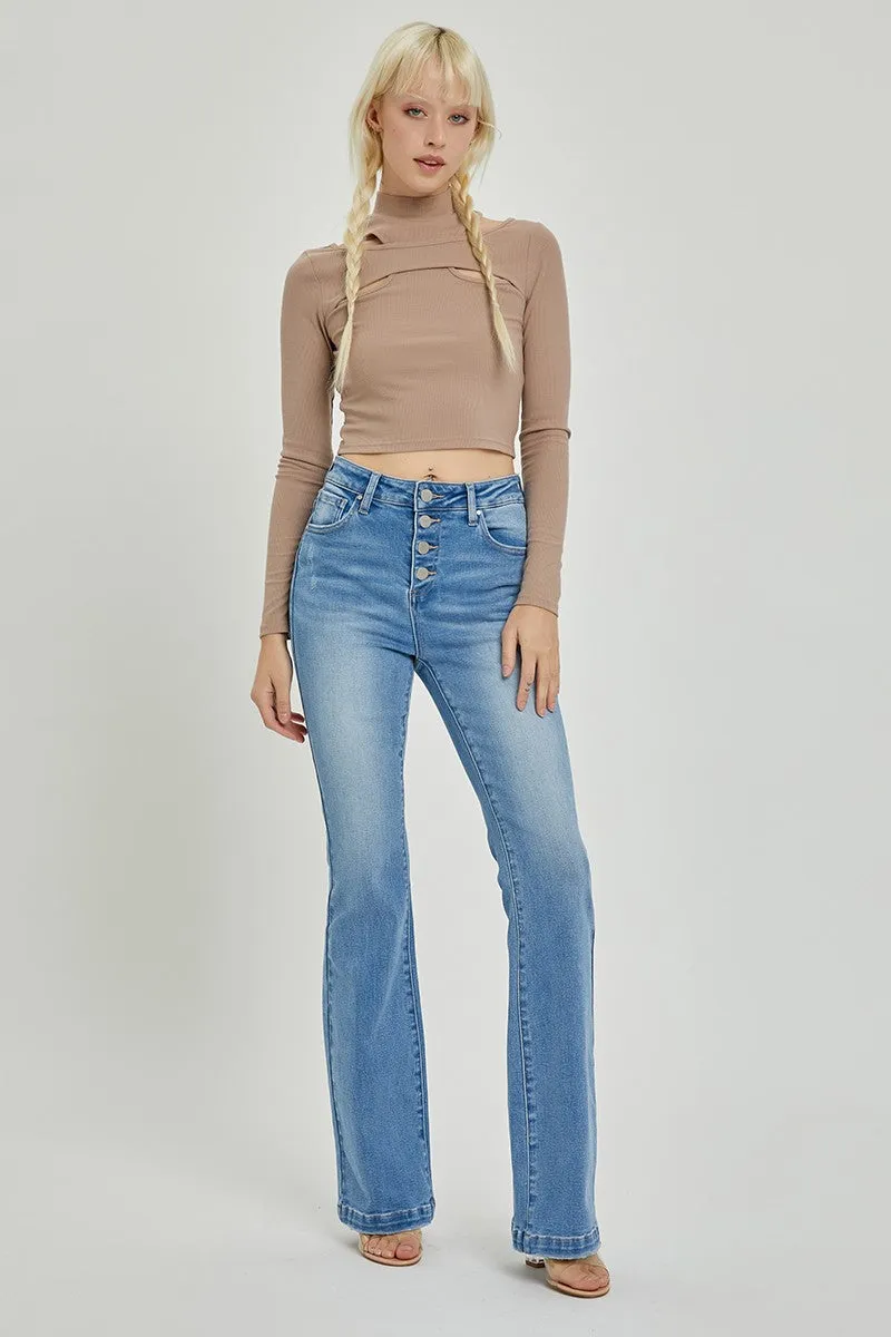 Button Fly Bootcut Jeans High Rise Waist