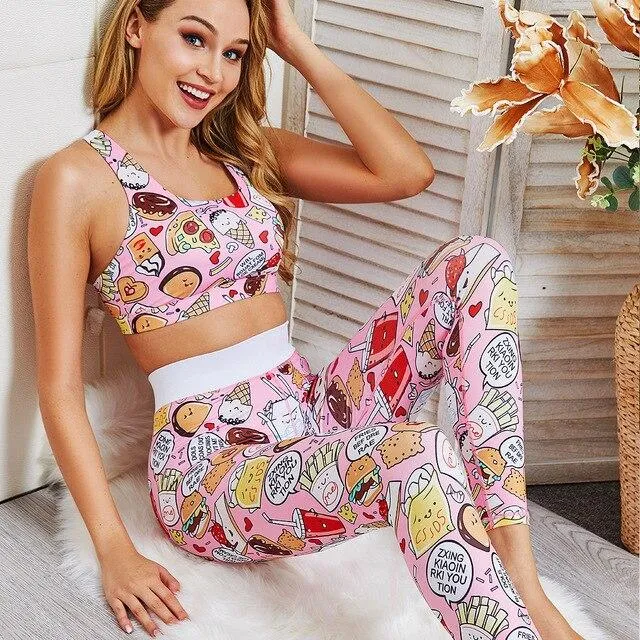 Cartoon Print Yoga Fitness Suits Tank Crop Top High Waist Pants Sportswear