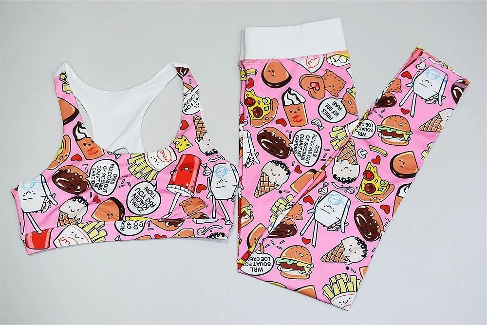 Cartoon Print Yoga Fitness Suits Tank Crop Top High Waist Pants Sportswear