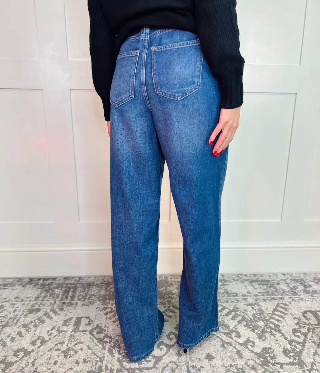 Dark Blue Denim Wide Leg Jeans